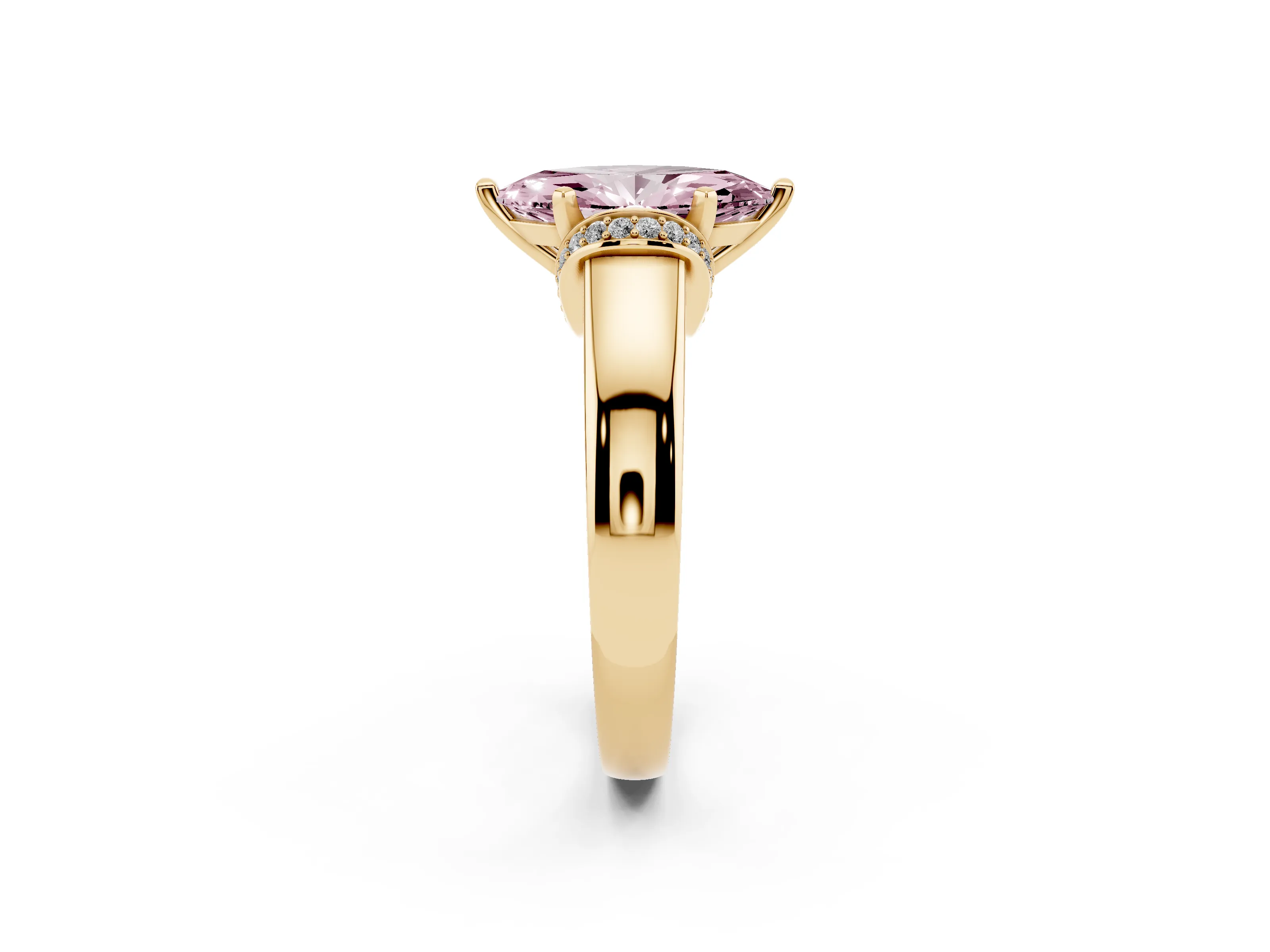 Fancy Pink Marquise Cut Diamond Pavé Band Solitaire Ring Set in Yellow gold with Prong Setting