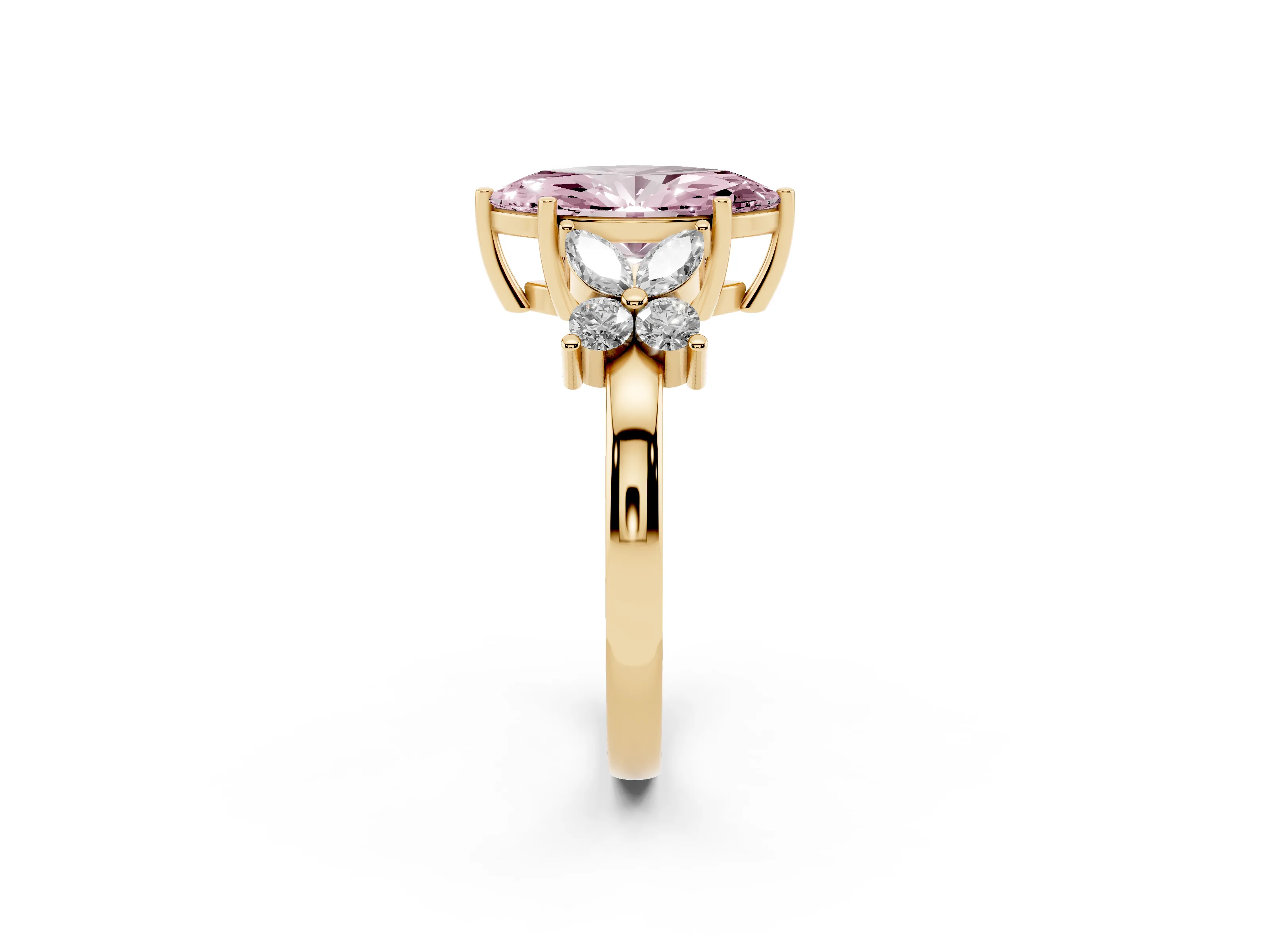 Fancy Pink Marquise Cut Diamond Floral Cluster Ring Set in Yellow gold with Marquise Petals and Prong Setting