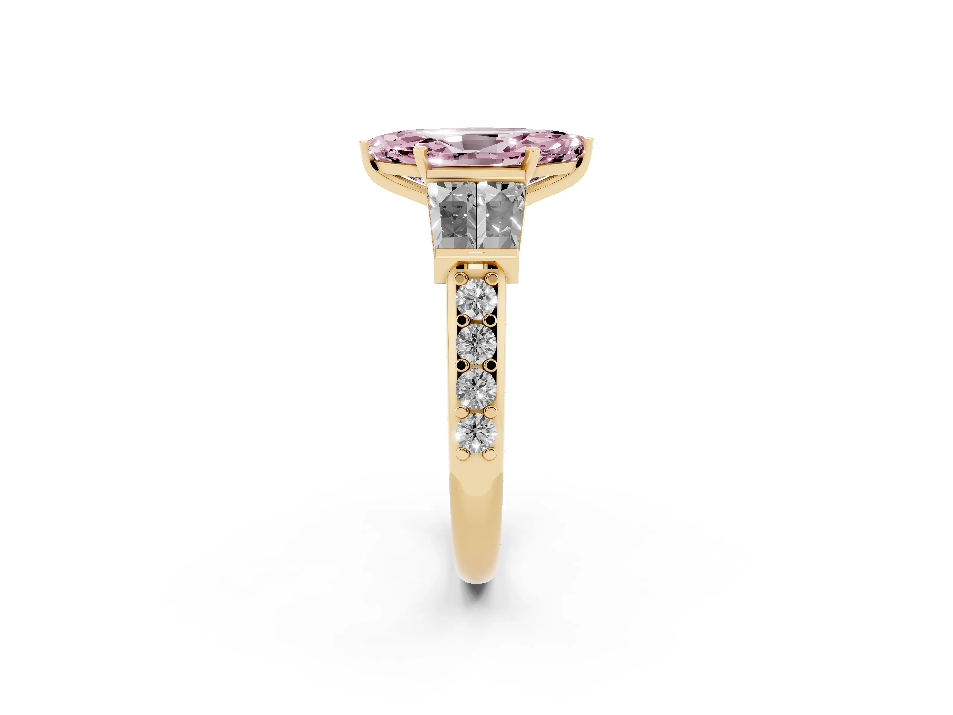 Fancy Pink Marquise Cut Diamond Engagement Ring Set in Yellow gold with Baguette Side Stones and Channel Set Band
