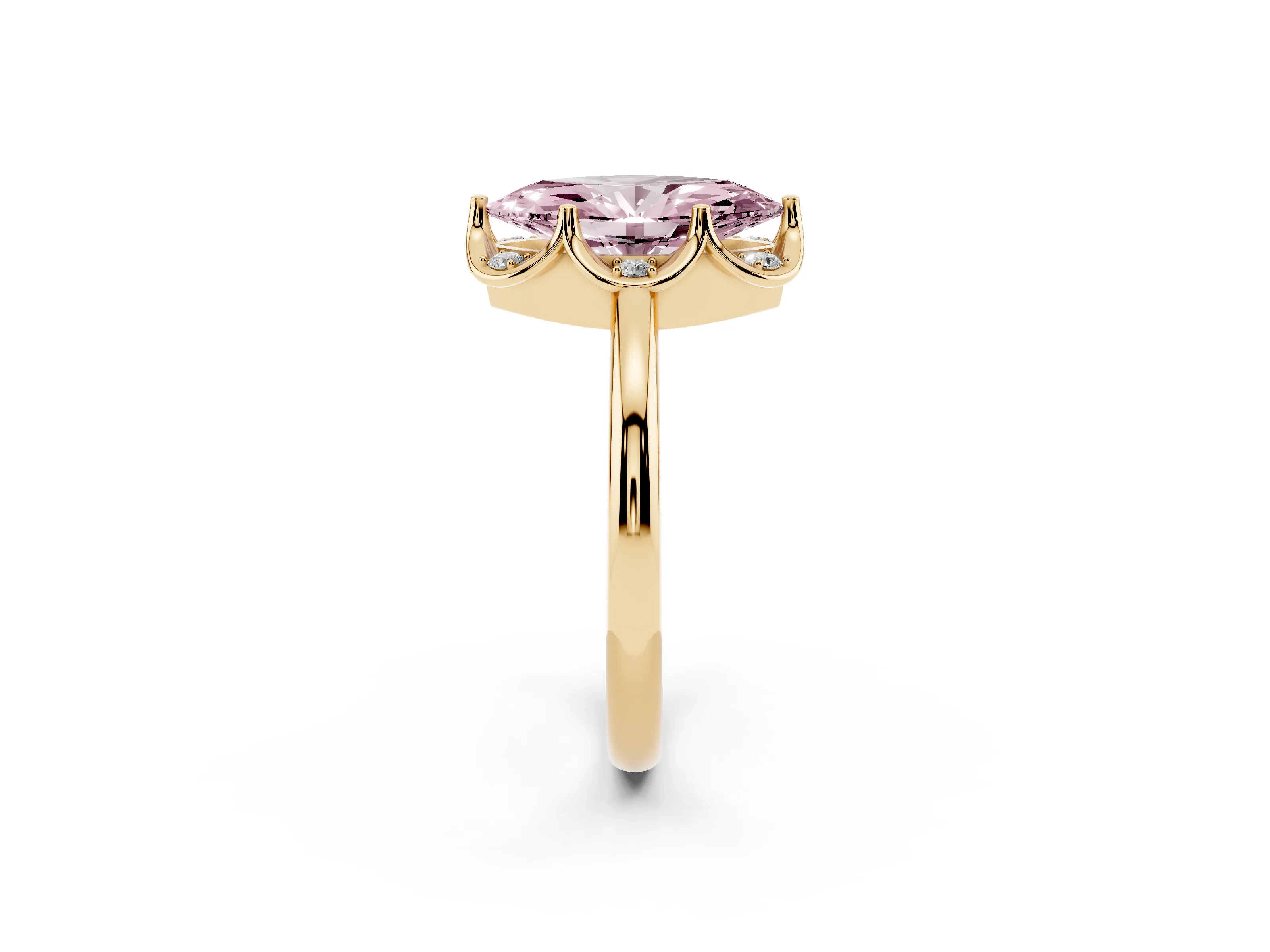 Fancy Pink Marquise Cut Diamond Round Cluster Halo Ring Set in Yellow gold with Solitaire Band and Prong Setting