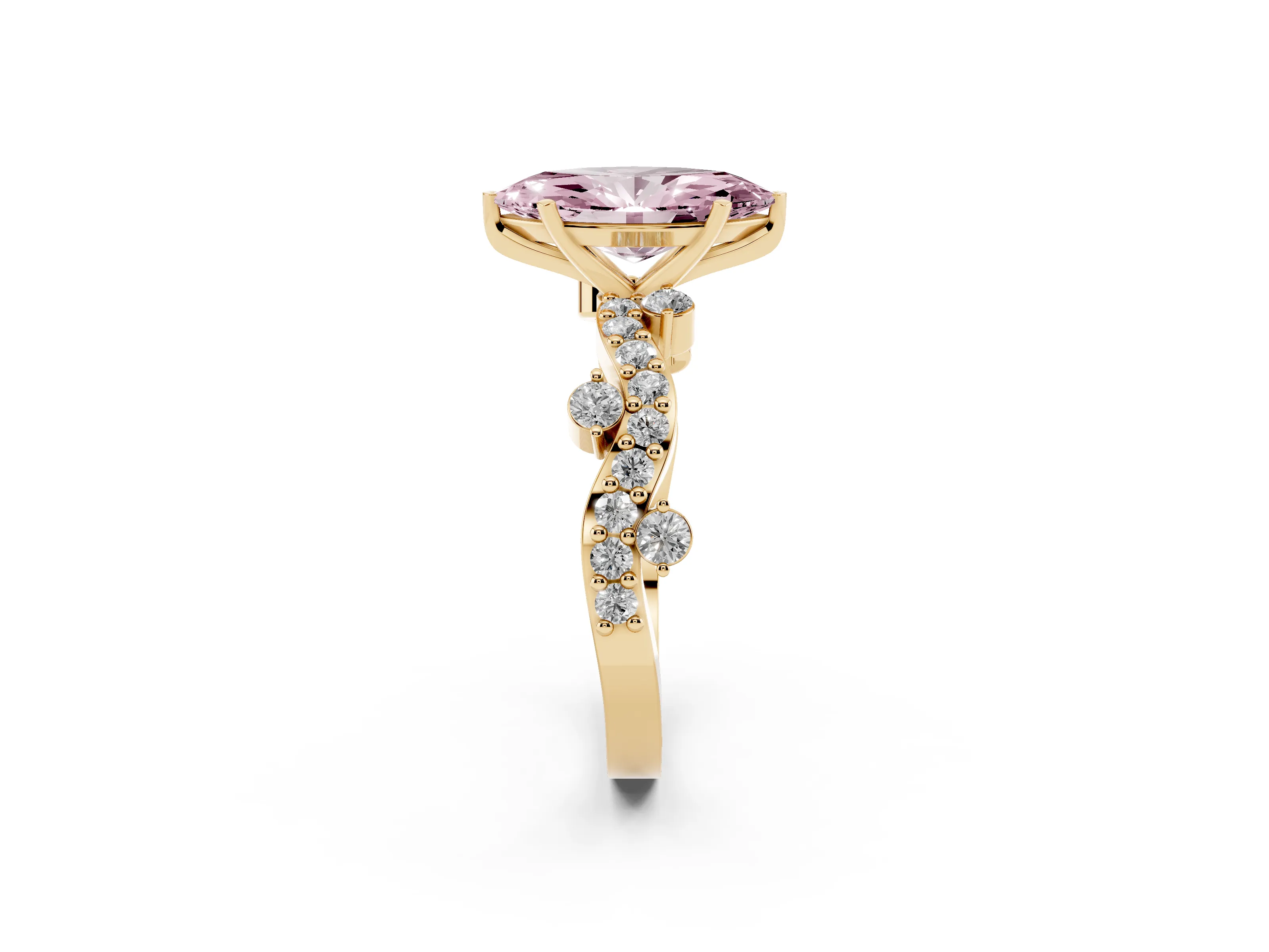 Fancy Pink Marquise Cut Diamond Solitaire Twisted Band Set in Yellow gold with Pavé Setting