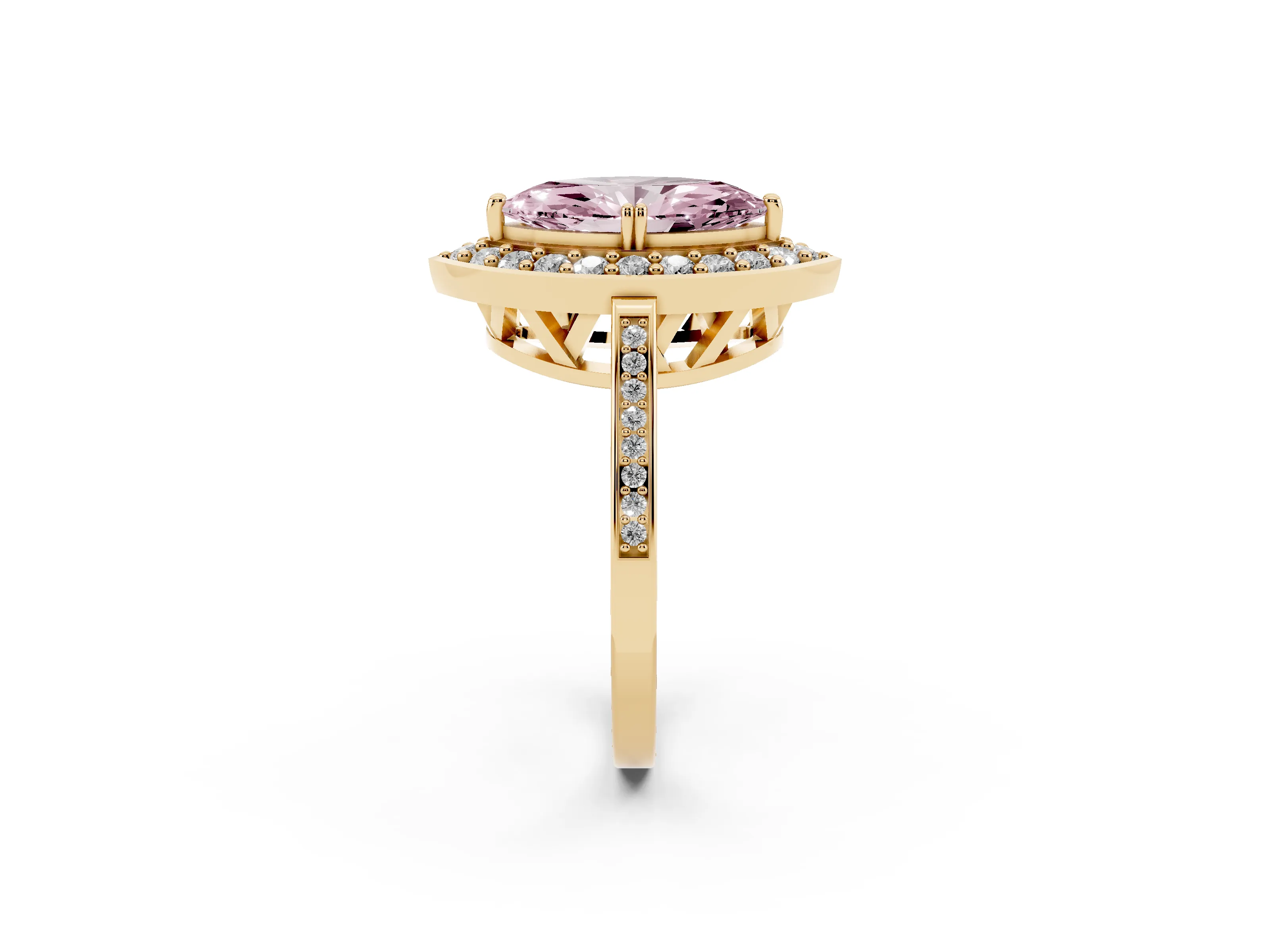 Fancy Pink Marquise Cut Diamond Halo Ring Set in Yellow gold with Accent-Lined Split Shank and Prong Setting