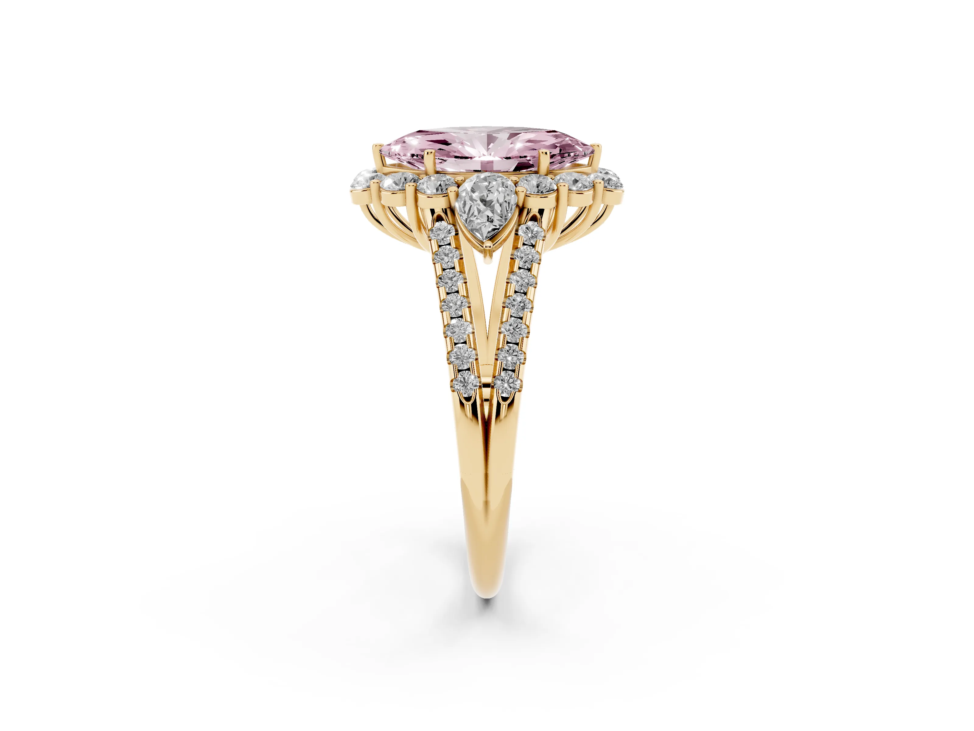Fancy Pink Marquise Cut Diamond Halo Split Shank Engagement Ring Set in Yellow gold with Prong-Held Center Stone