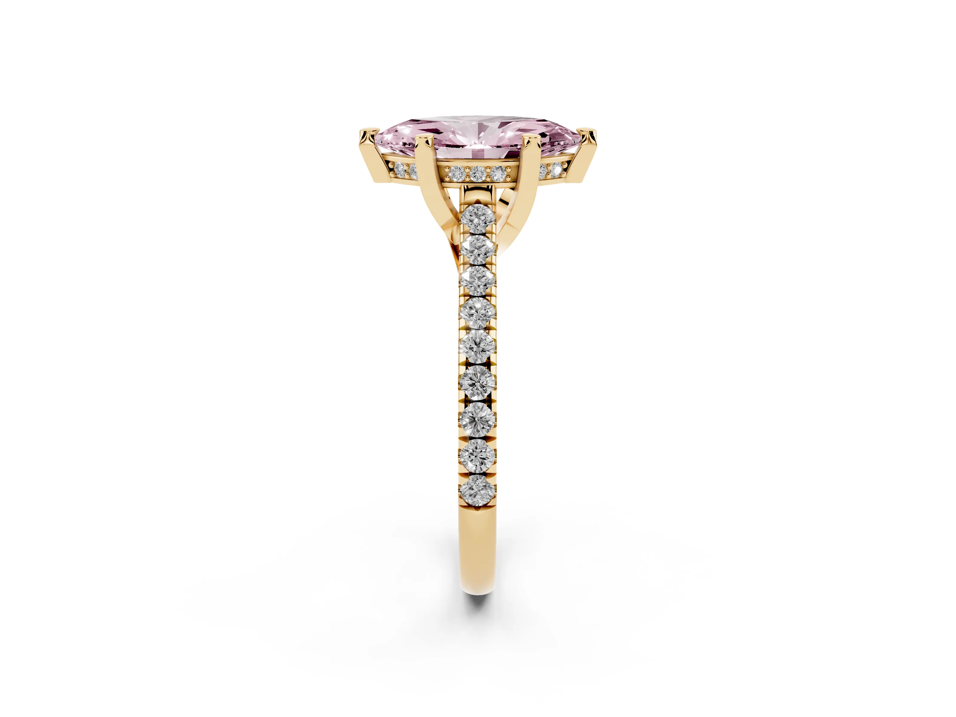 Fancy Pink Marquise Cut Diamond Solitaire Ring Set in Yellow gold with Brilliant Pavé Band and Prong Setting