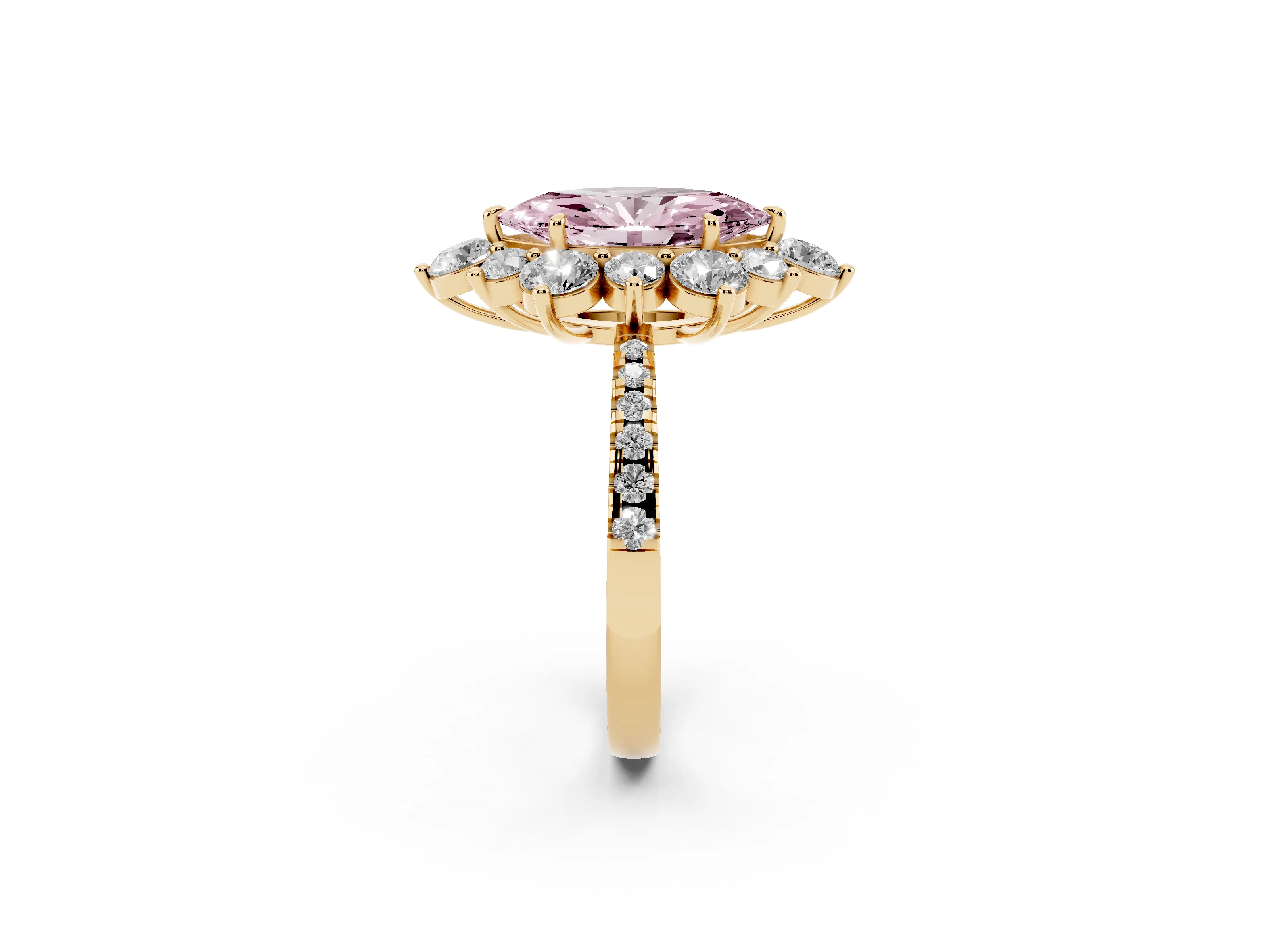 Fancy Pink Marquise Cut Diamond Floral Halo Ring Set in Yellow gold with Round Pavé Band and Prong Setting