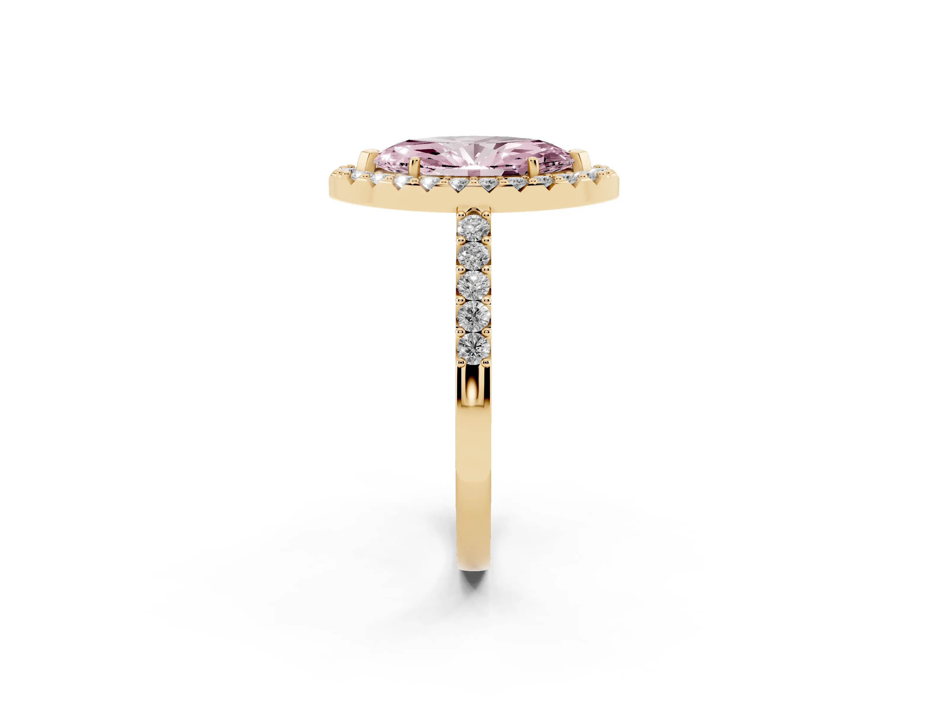 Fancy Pink Marquise Cut Diamond Halo Pavé Solitaire Ring Set in Yellow gold with Prong-Set Center Stone