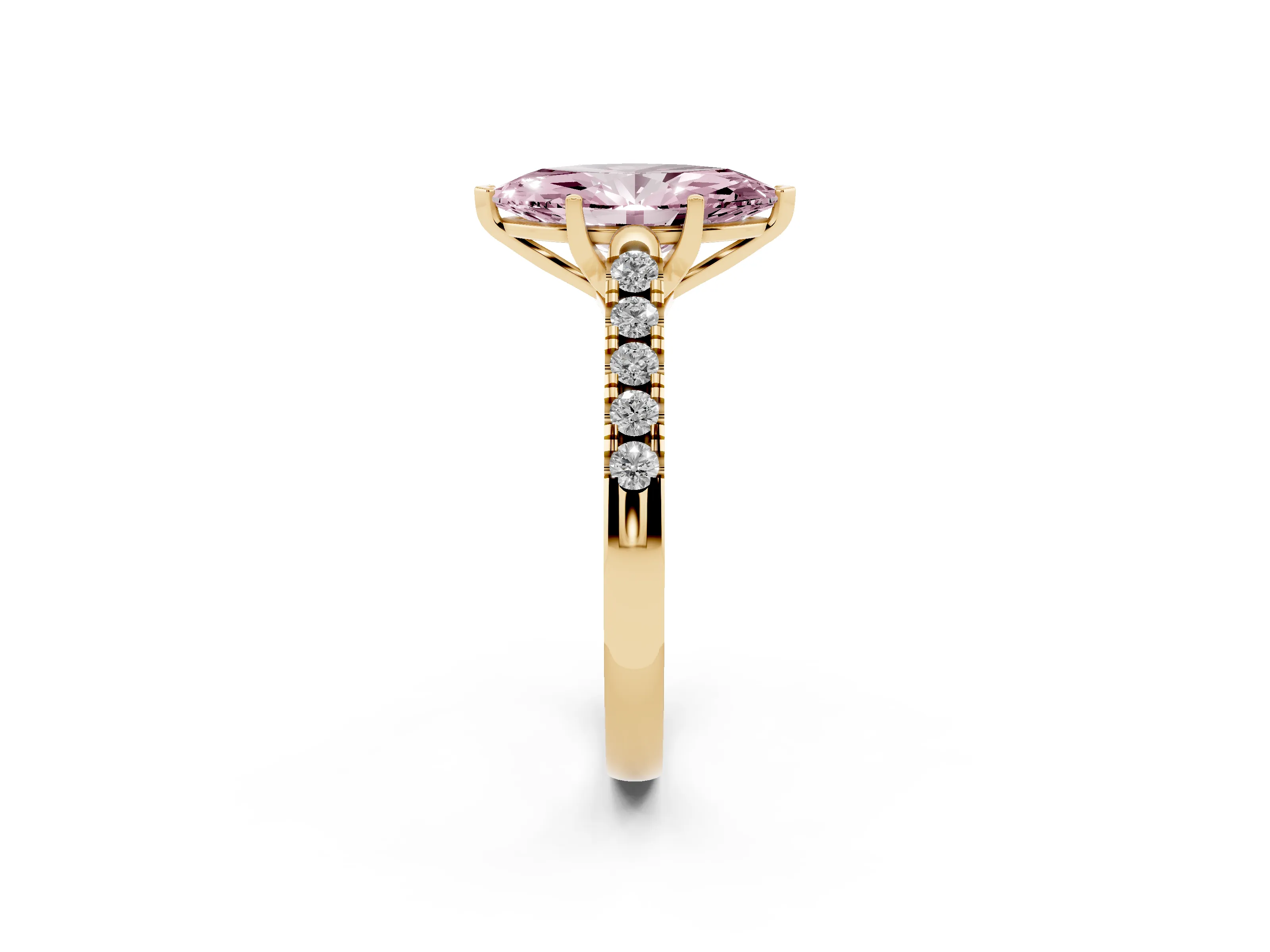 Fancy Pink Marquise Cut Diamond Pavé Band Solitaire Ring Set in Yellow gold with Partway Accent Stones and Prong Setting