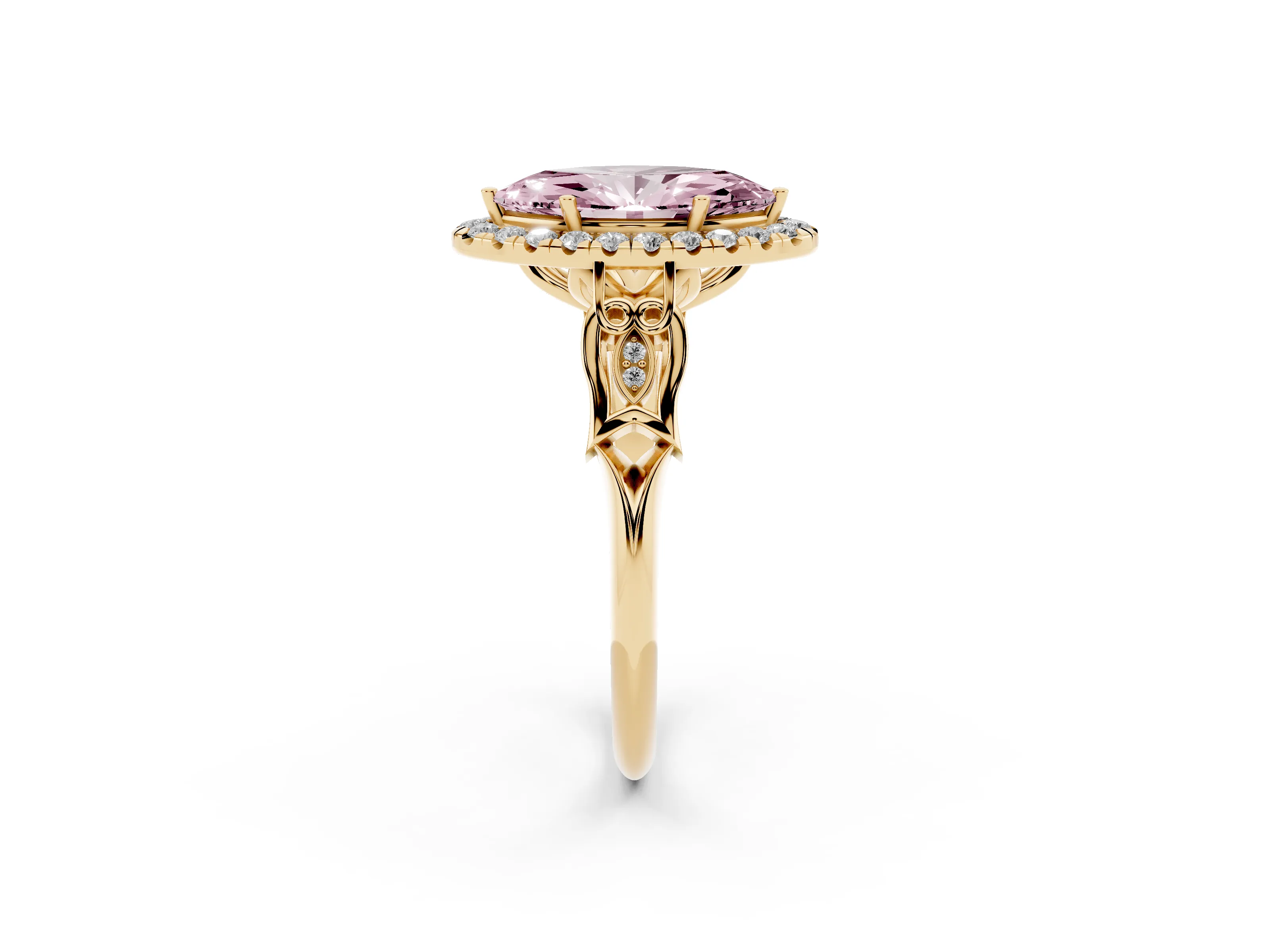 Fancy Pink Marquise Cut Diamond Halo Engagement Ring Set in Yellow gold with Filigree Band and Prong-Set Center