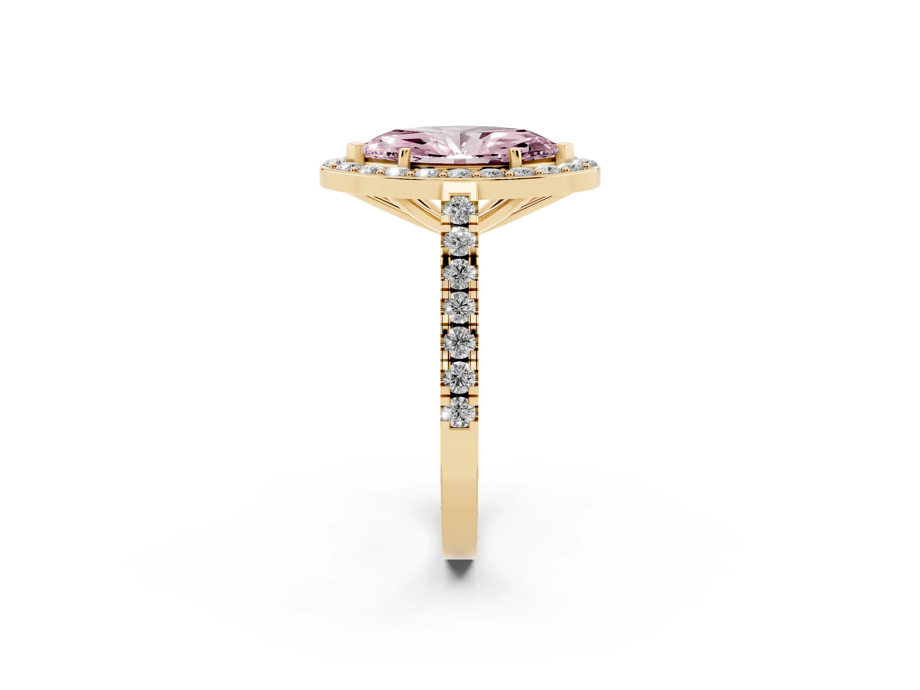 Fancy Pink Marquise Cut Diamond Halo Ring Set in Yellow gold with Round Pavé Split Shank and Prong Setting