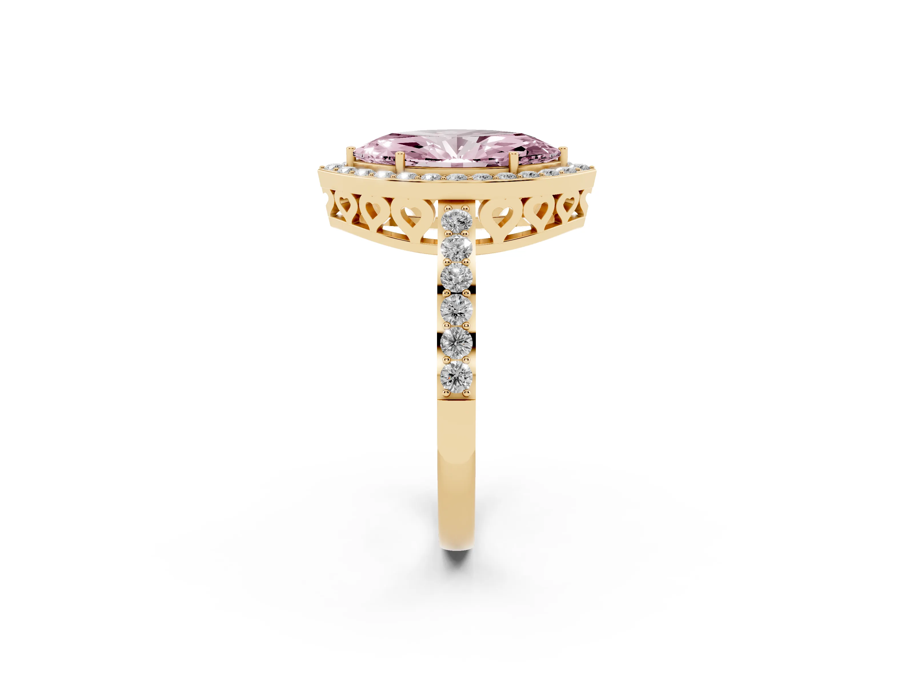 Fancy Pink Marquise Cut Diamond Halo Ring Set in Yellow gold with Pavé-Setting Band and Open Prong Center