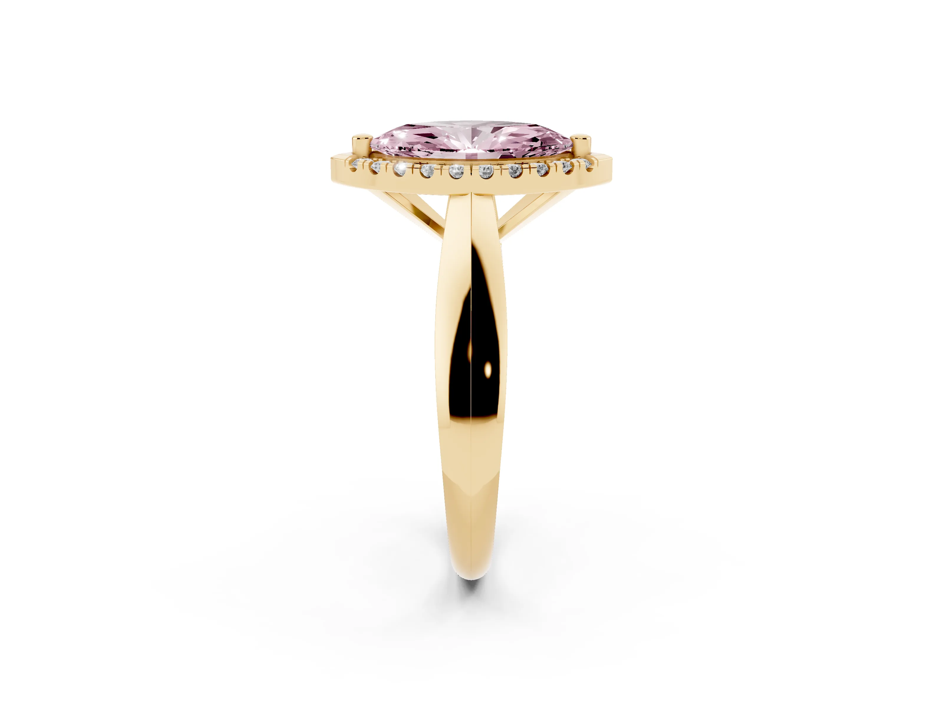 Fancy Pink Marquise Cut Diamond Halo Solitaire Engagement Ring Set in Yellow gold with Square Band and Prong Setting