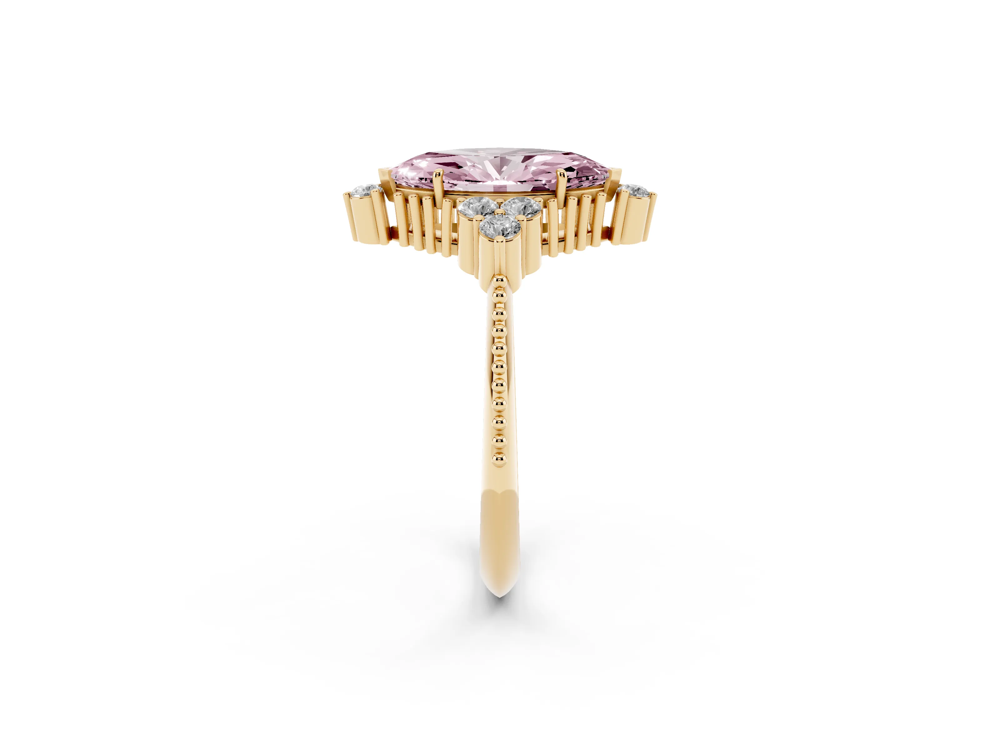 Fancy Pink Marquise Cut Diamond Cluster Ring Set in Yellow gold with Beaded Band