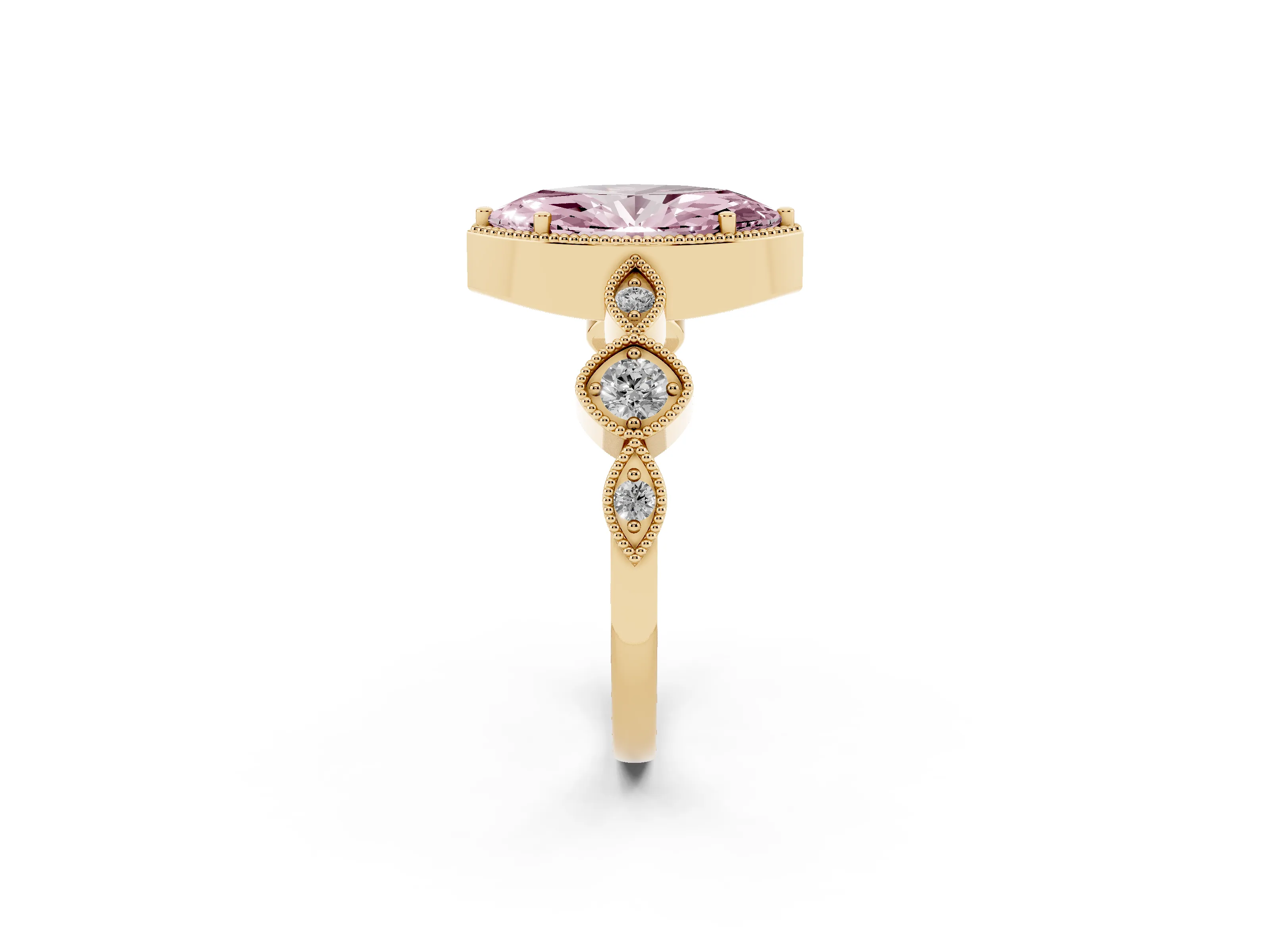 Fancy Pink Marquise Cut Diamond Vintage-Inspired Milgrain Ring Set in Yellow gold with Marquise Stations of Round Accents