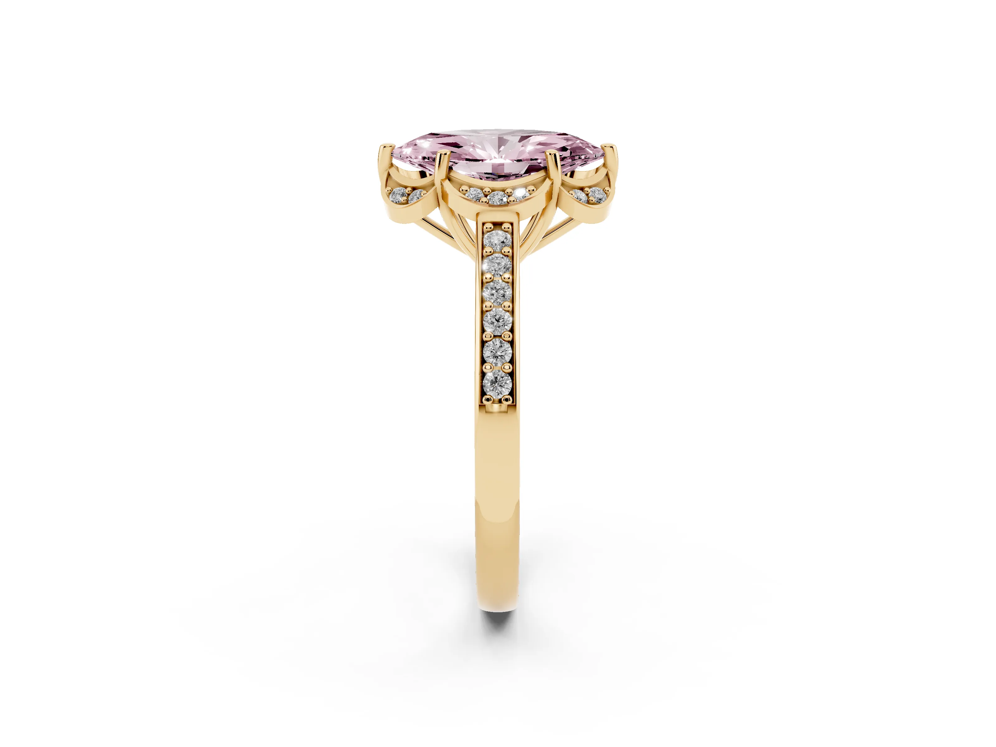 Fancy Pink Marquise Cut Diamond Halo Ring Set in Yellow gold with Channel Set Band and Prong Setting