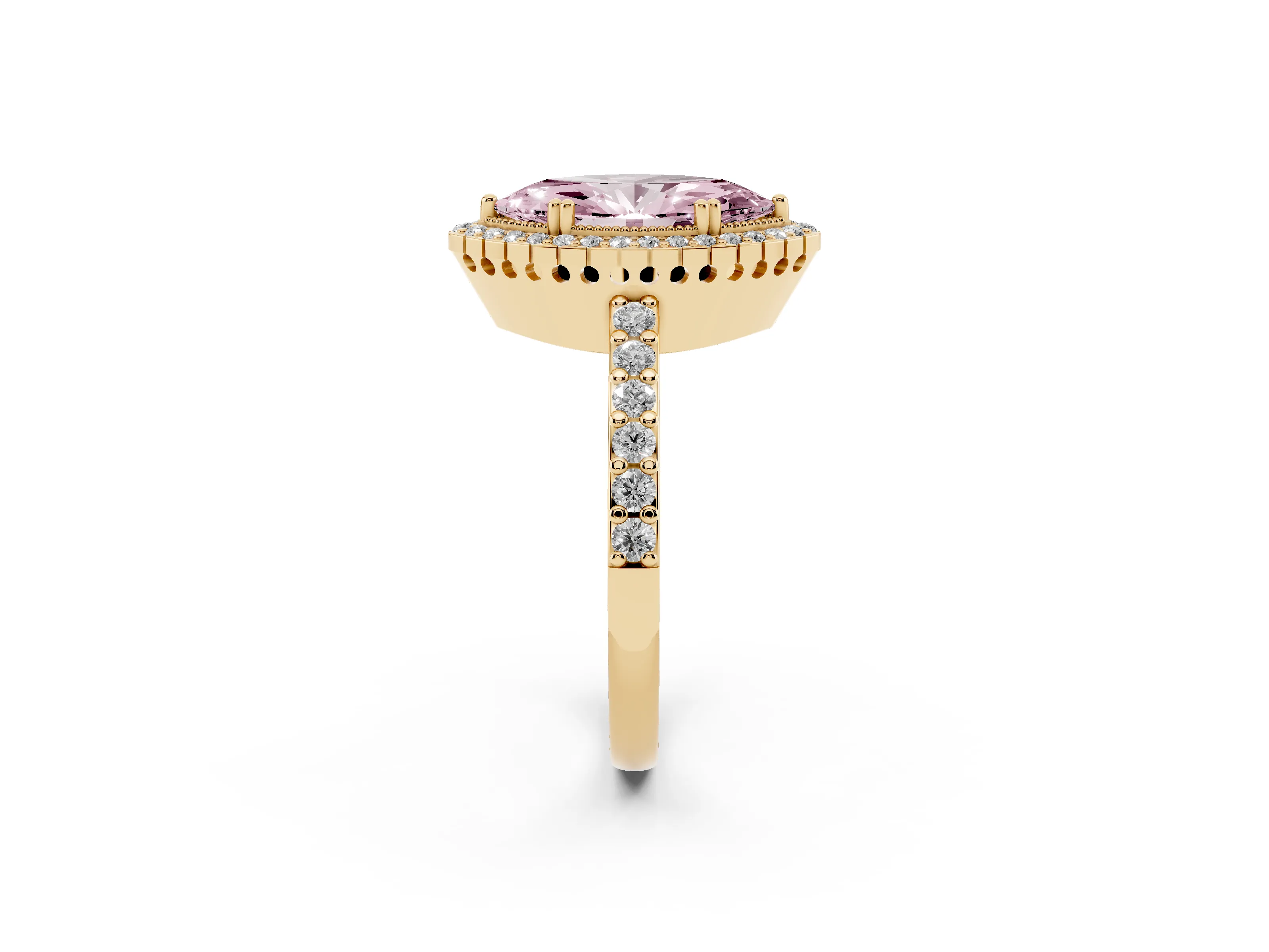 Fancy Pink Marquise Cut Diamond Halo Engagement Ring Set in Yellow gold with Milgrain Detail and Pavé Band