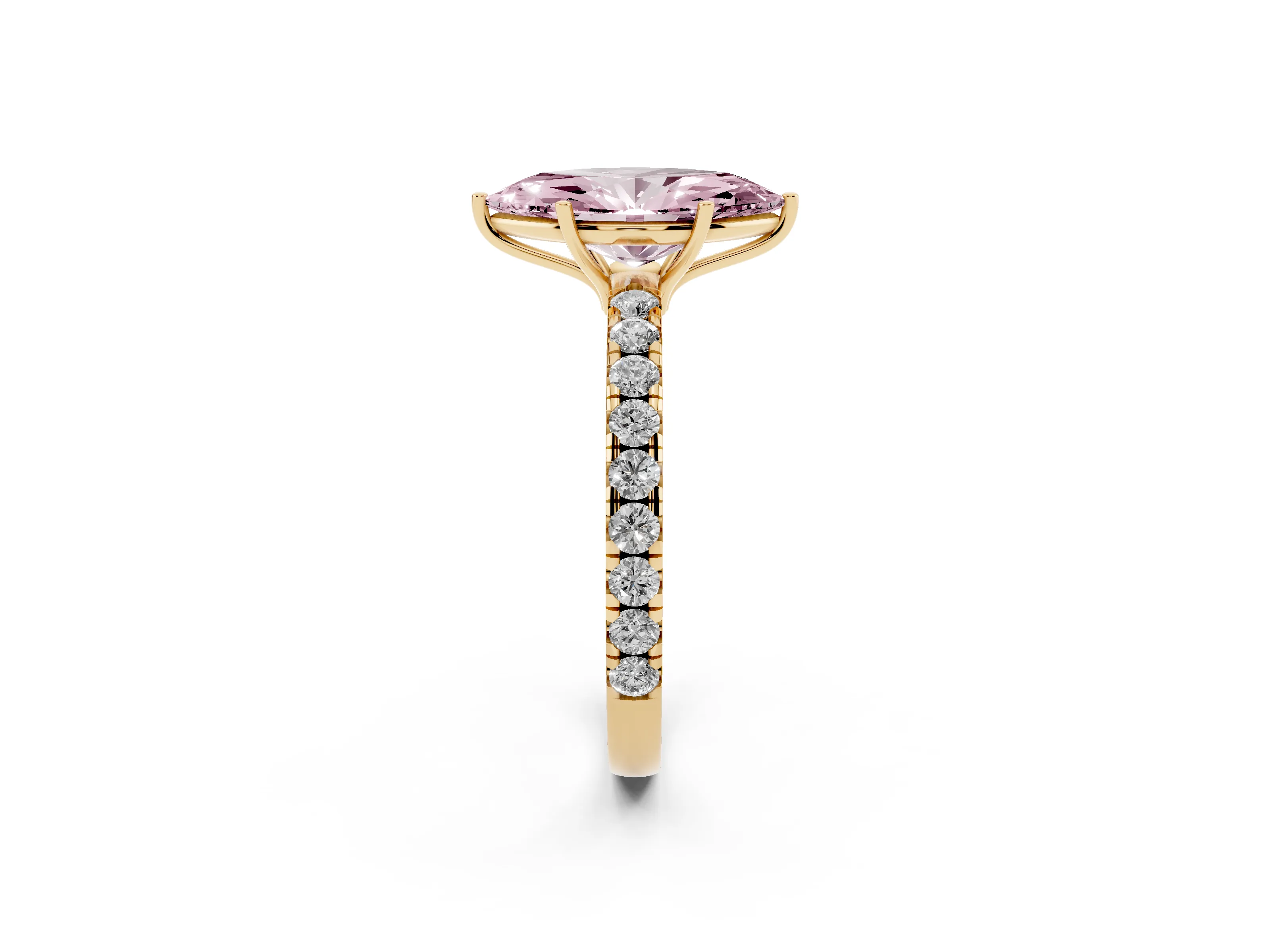 Fancy Pink Marquise Cut Diamond Pavé Solitaire Engagement Ring Set in Yellow gold with Prong Setting