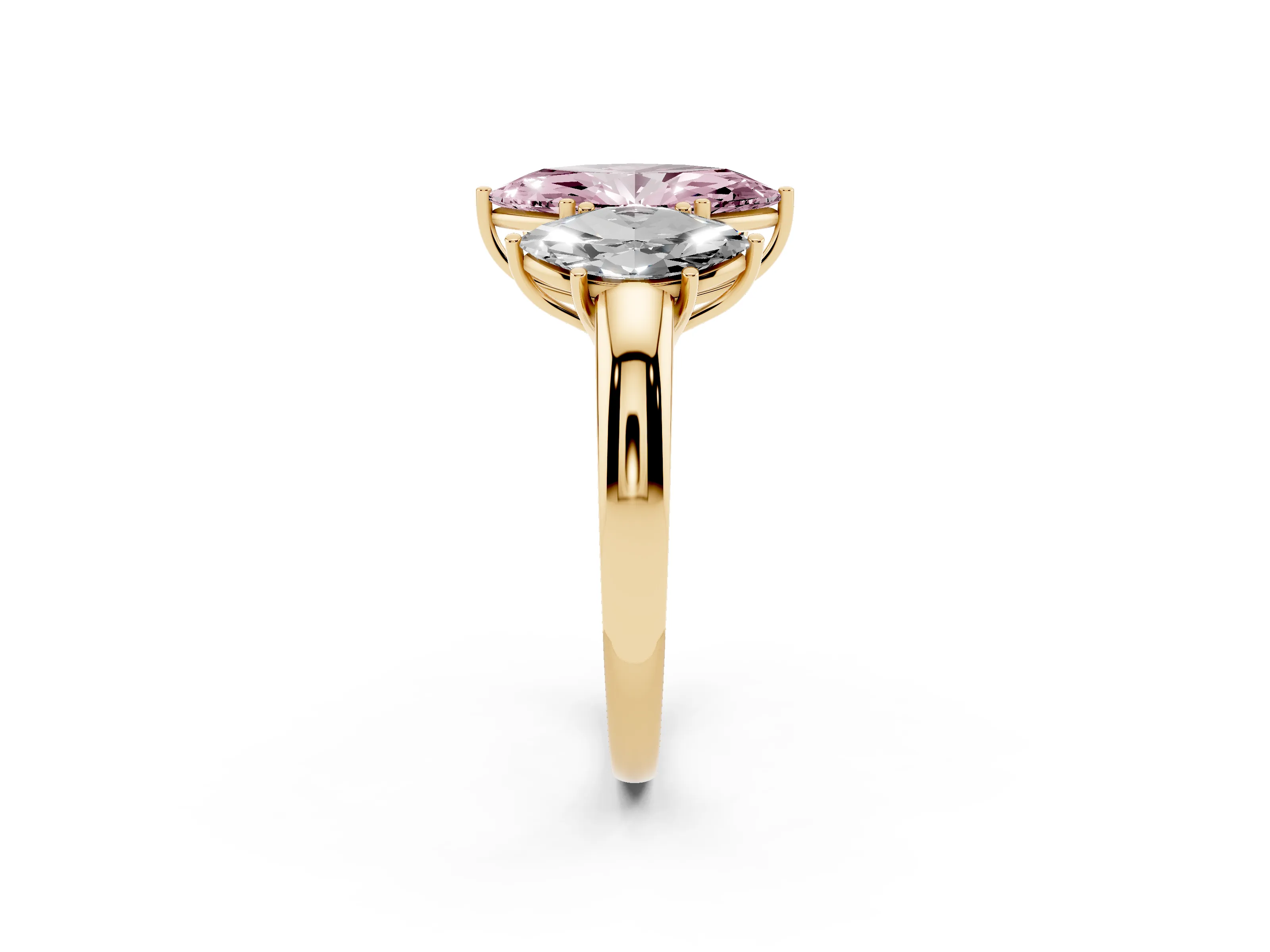 Fancy Pink Marquise Cut Diamond Three-Stone Ring Set in Yellow gold with Bold Center and Classic Band