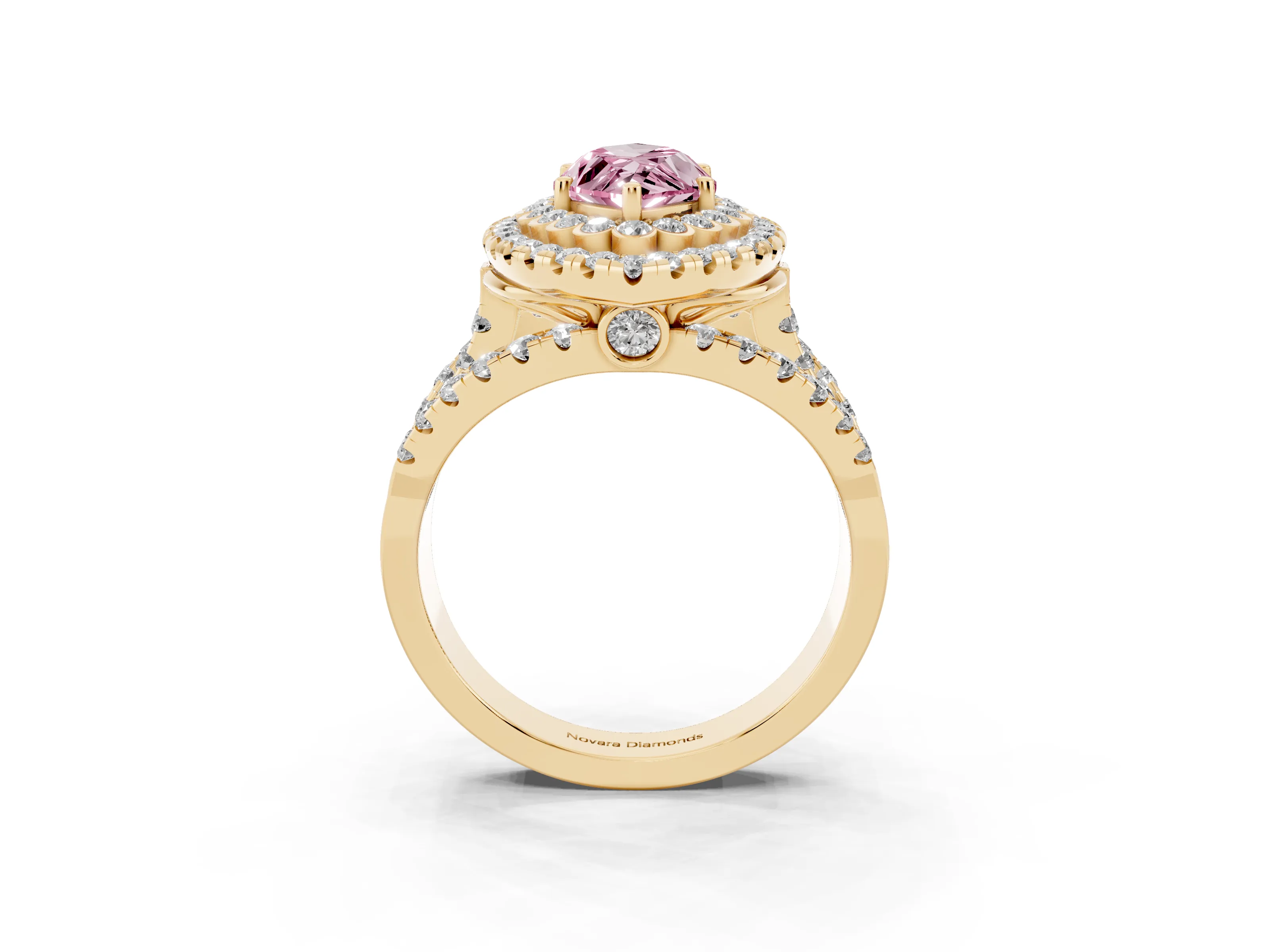 Fancy Pink Marquise Cut Diamond Double Halo Ring Set in Yellow gold with Round Pavé Split Shank