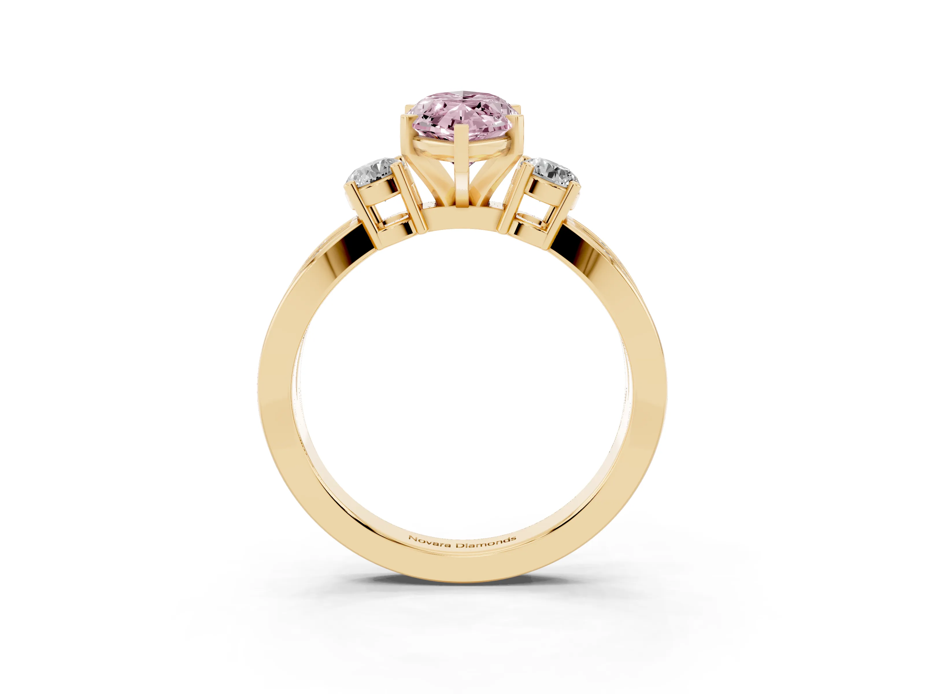 Fancy Pink Three-Stone Marquise Cut Diamond Twist Band Ring Set in Yellow gold with Pavé Accents and Prong Setting