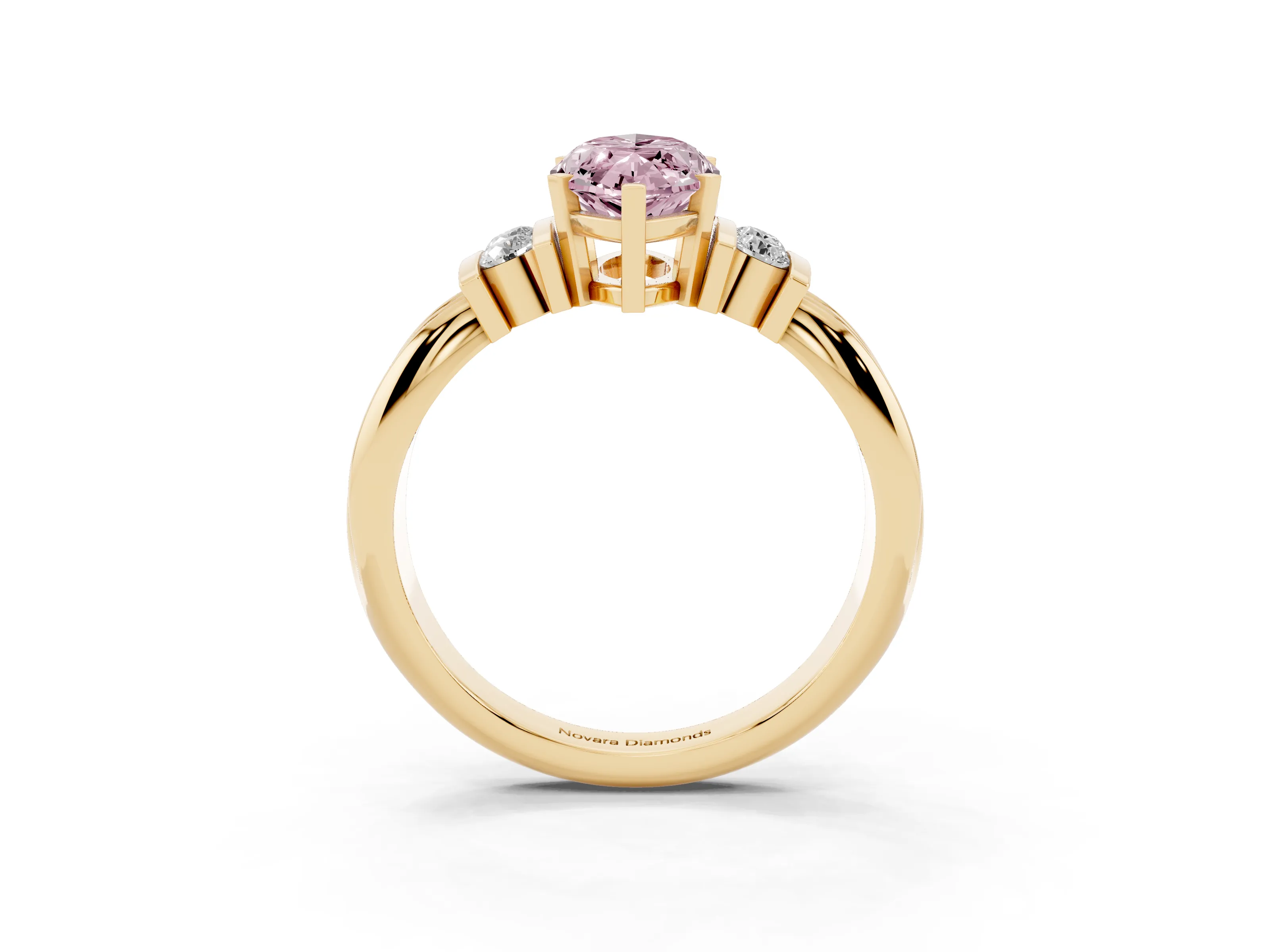 Fancy Pink Three-Stone Marquise Cut Diamond Channel Set Ring Set in Yellow gold with Bar Prongs