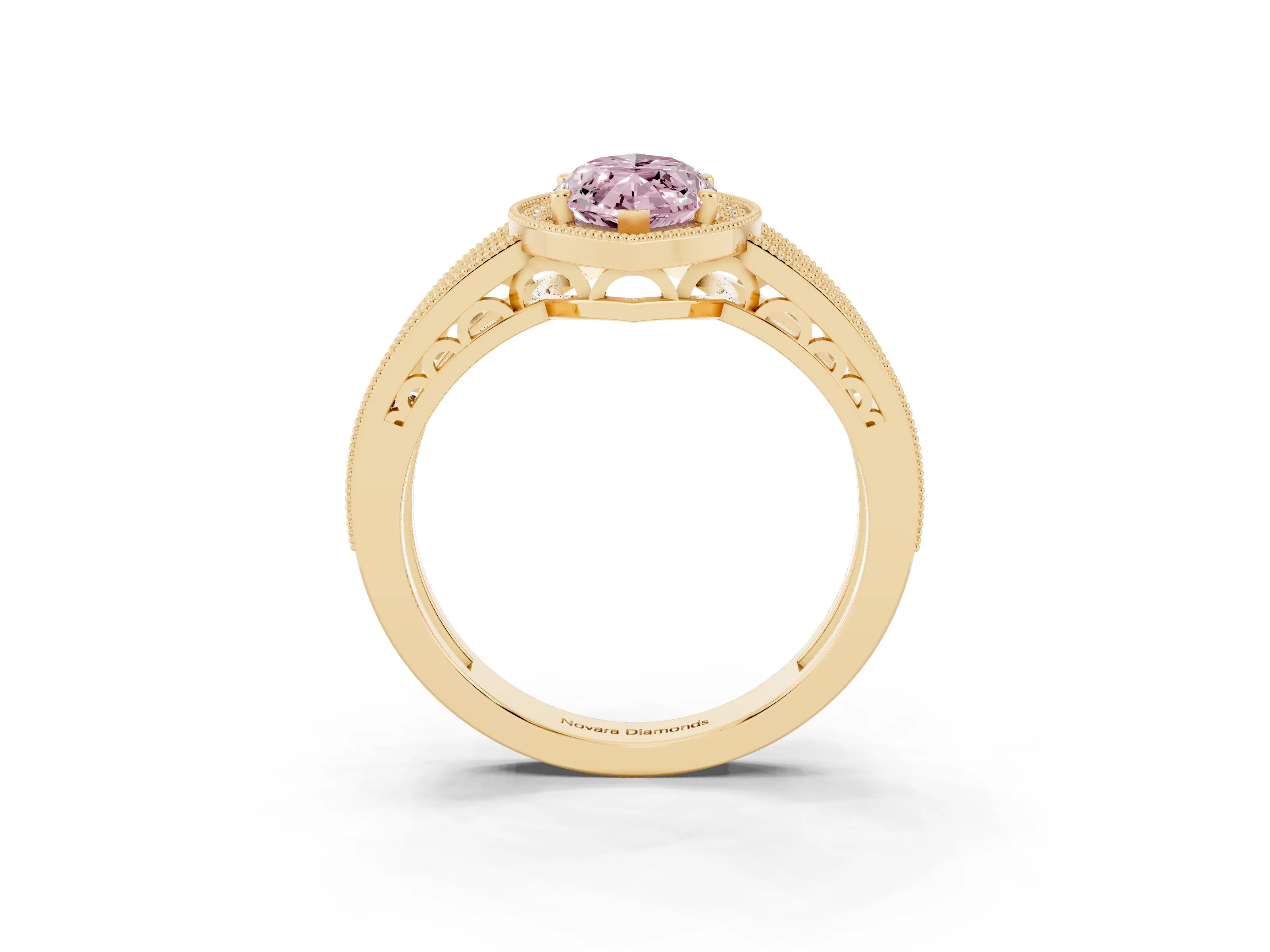 Fancy Pink Marquise Cut Diamond Halo Ring Set in Yellow gold with Accent Split Shank and Prong Setting