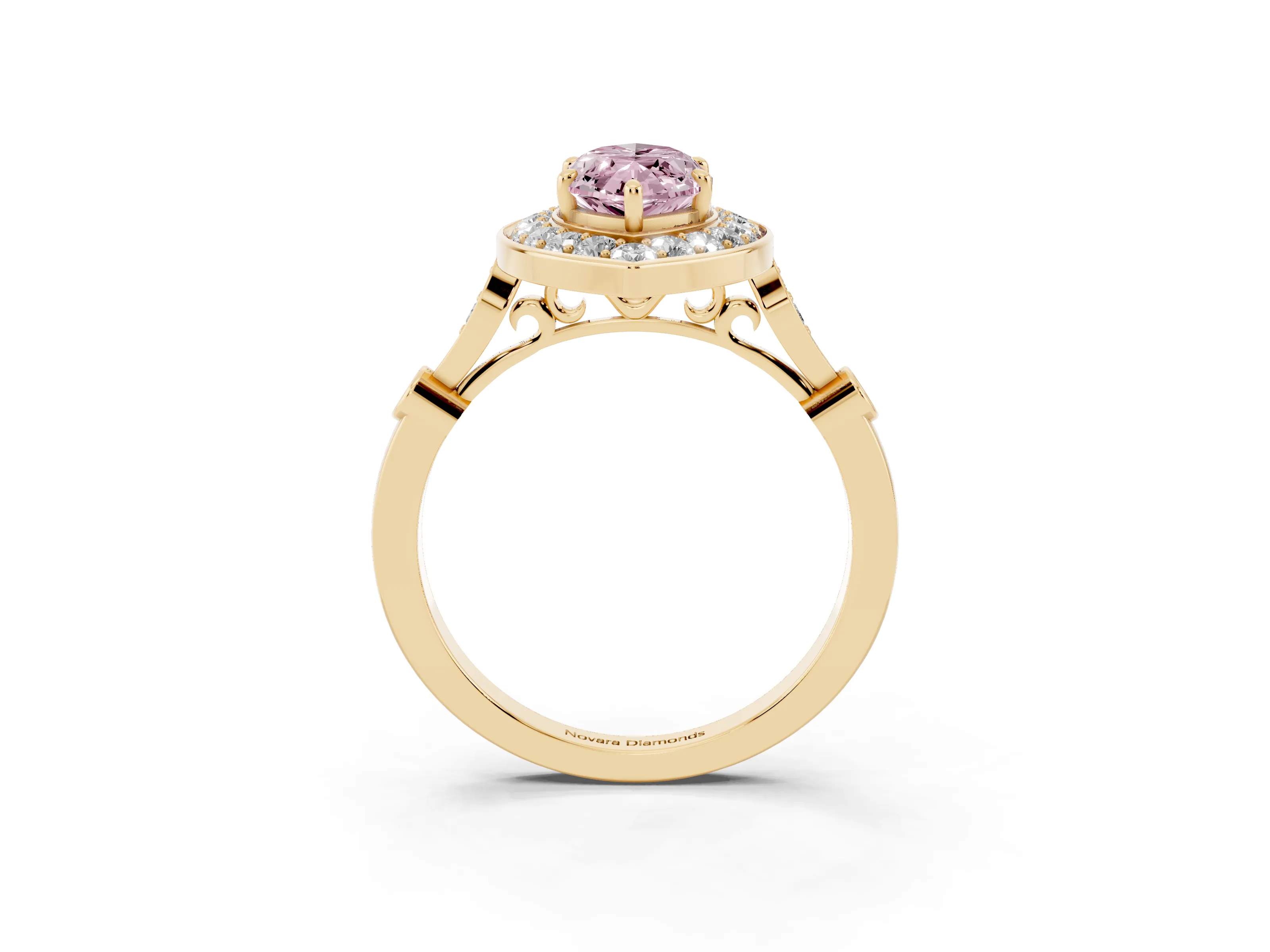 Fancy Pink Marquise Cut Diamond Halo Engagement Ring Set in Yellow gold with Twisted Band and Prong Setting