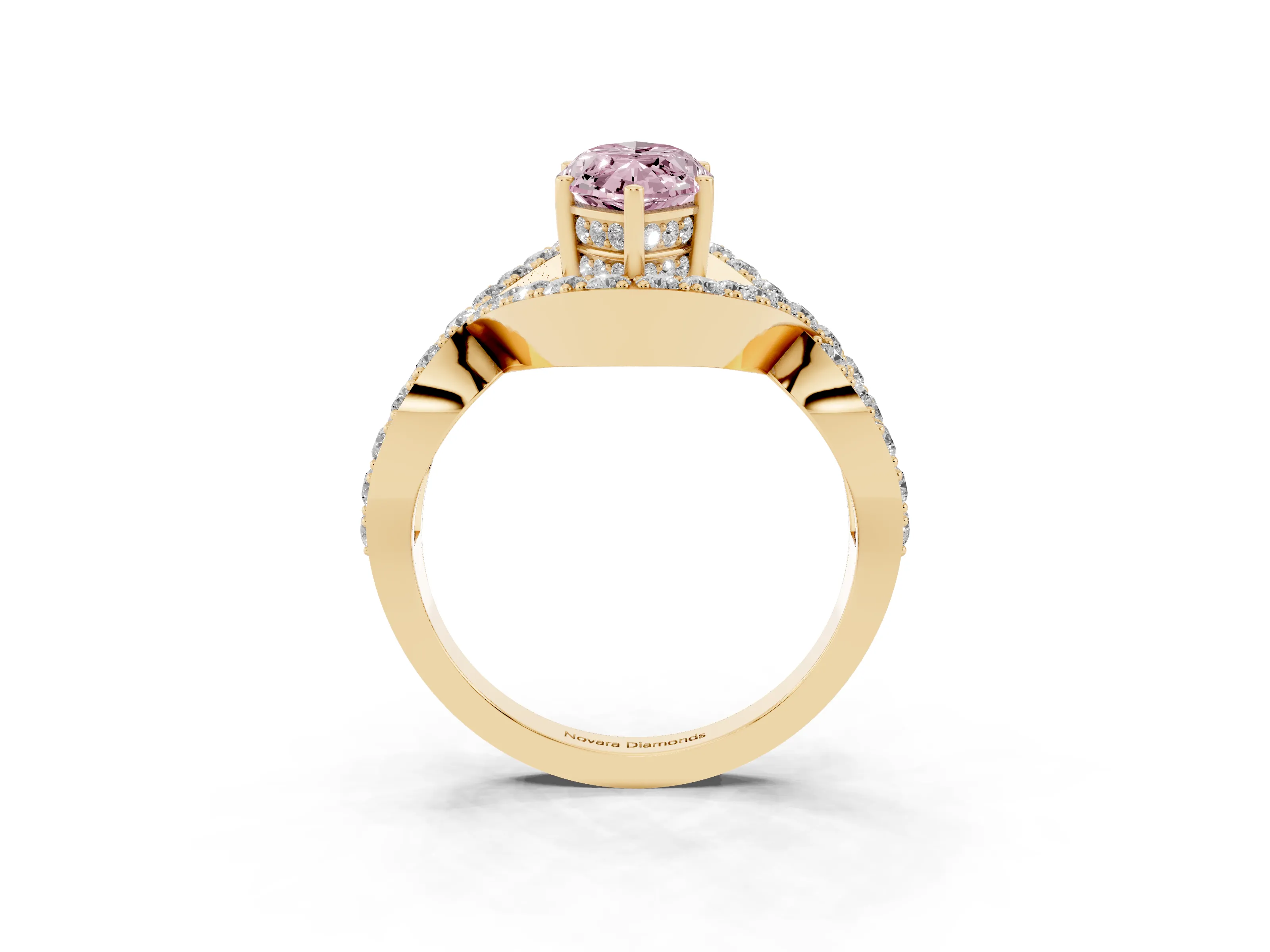 Fancy Pink Marquise Cut Diamond Solitaire Twist Band Pavé Engagement Ring Set in Yellow gold