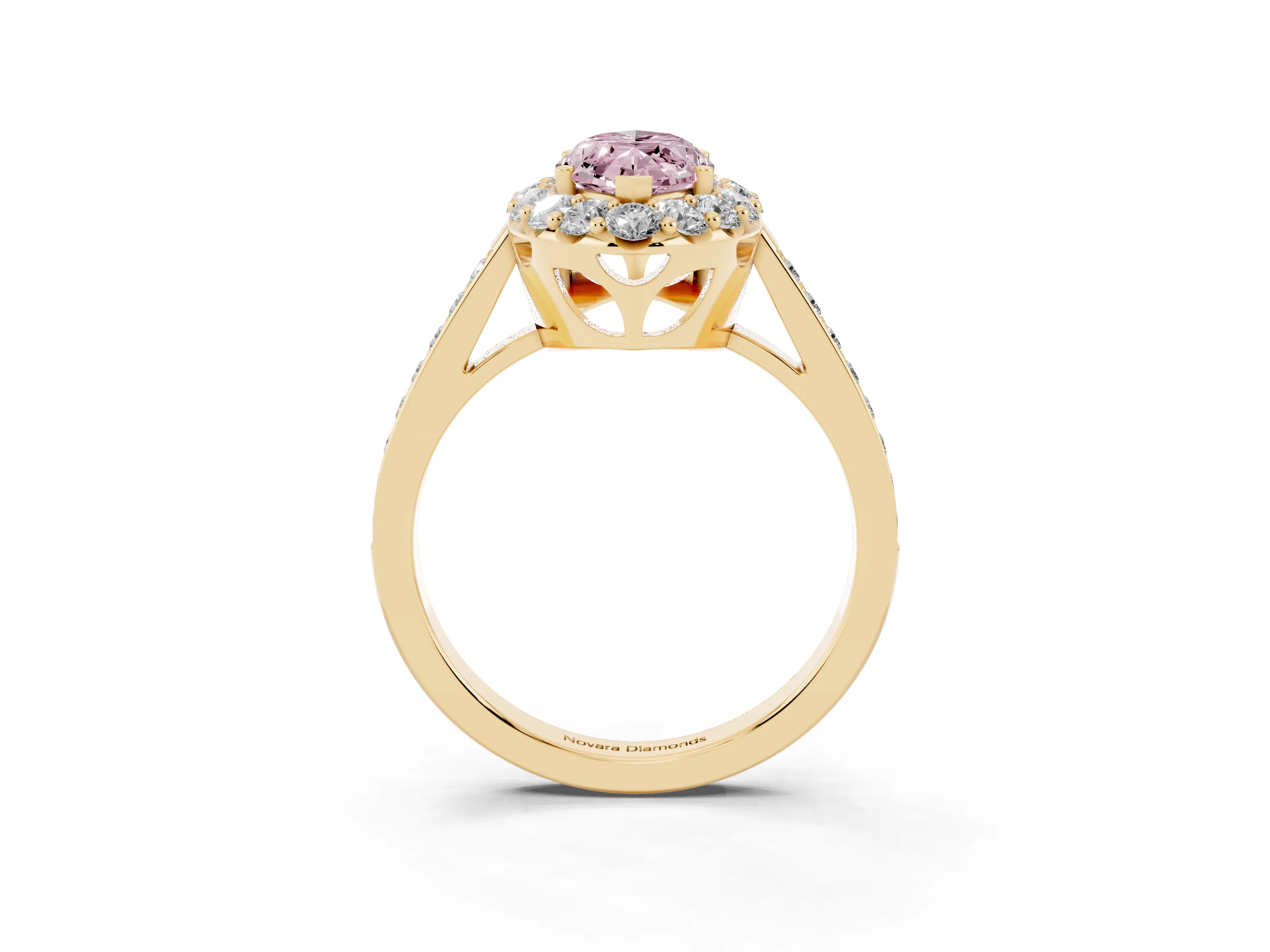 Fancy Pink Marquise Cut Diamond Floral Halo Ring Set in Yellow gold with Pavé Band and Prong Setting