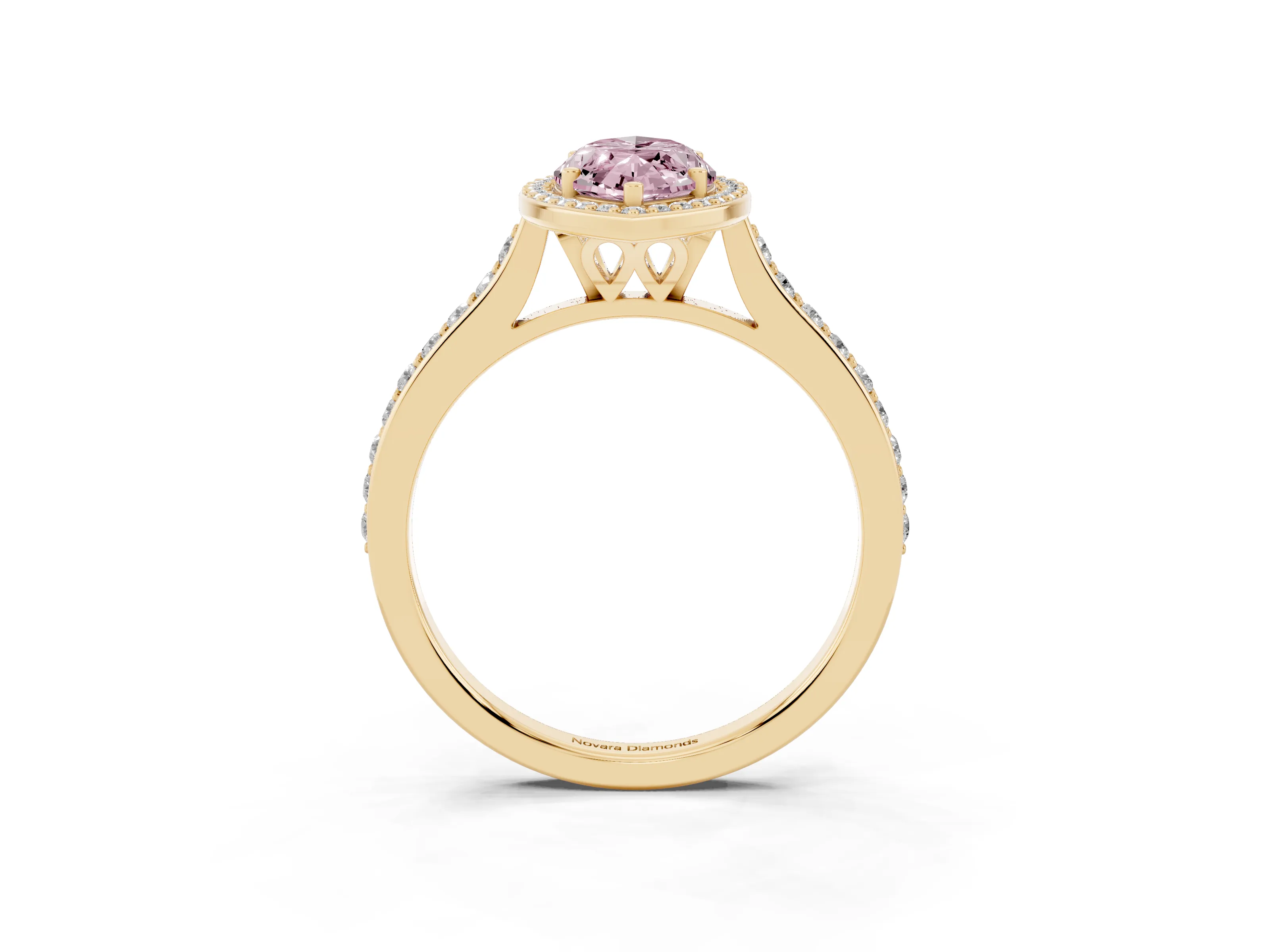 Fancy Pink Marquise Cut Diamond Halo Engagement Ring Set in Yellow gold with Round Pavé Shoulders and Heart Gallery
