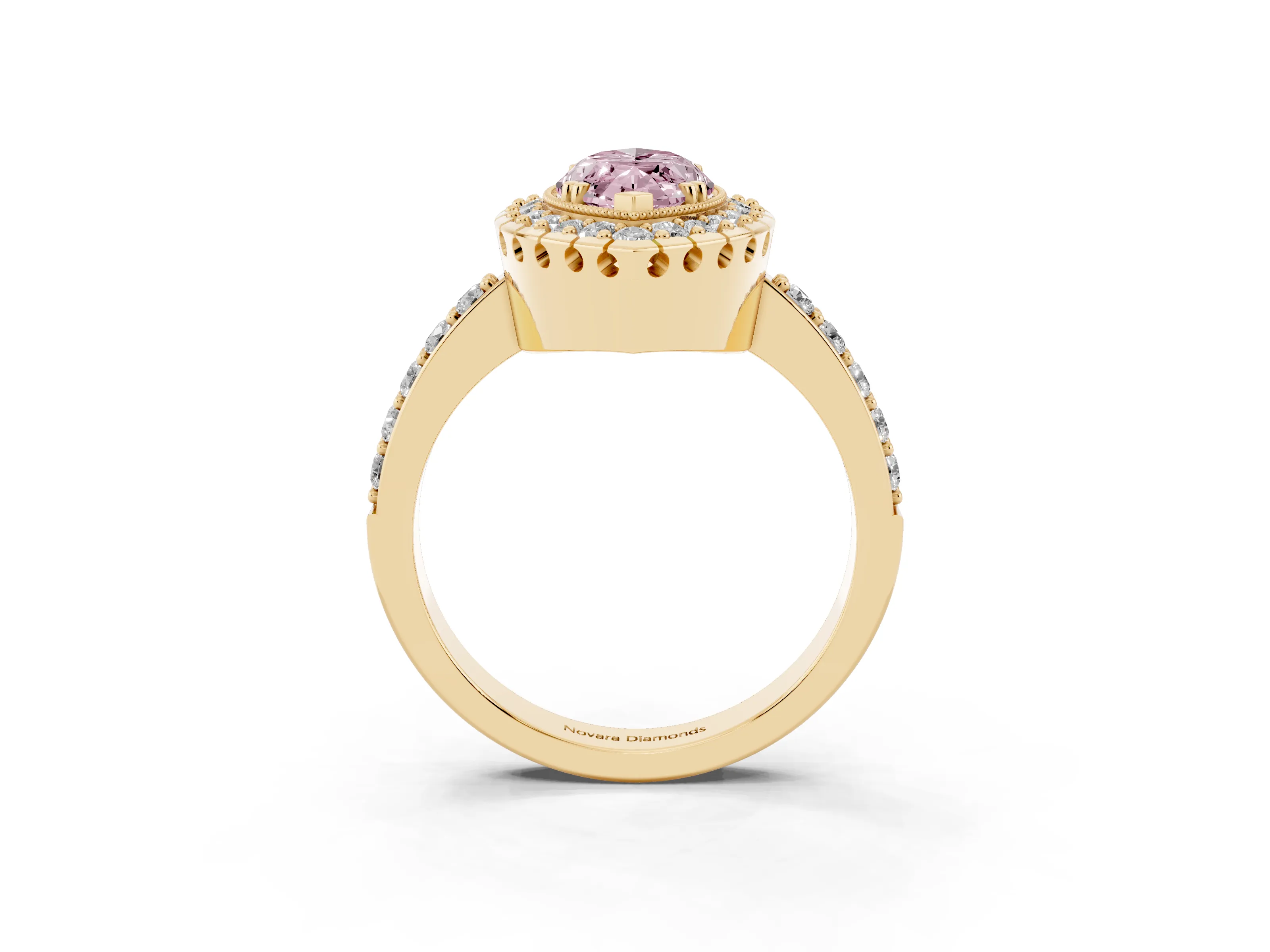 Fancy Pink Marquise Cut Diamond Halo Ring Set in Yellow gold with Pavé Shank and Prong Setting