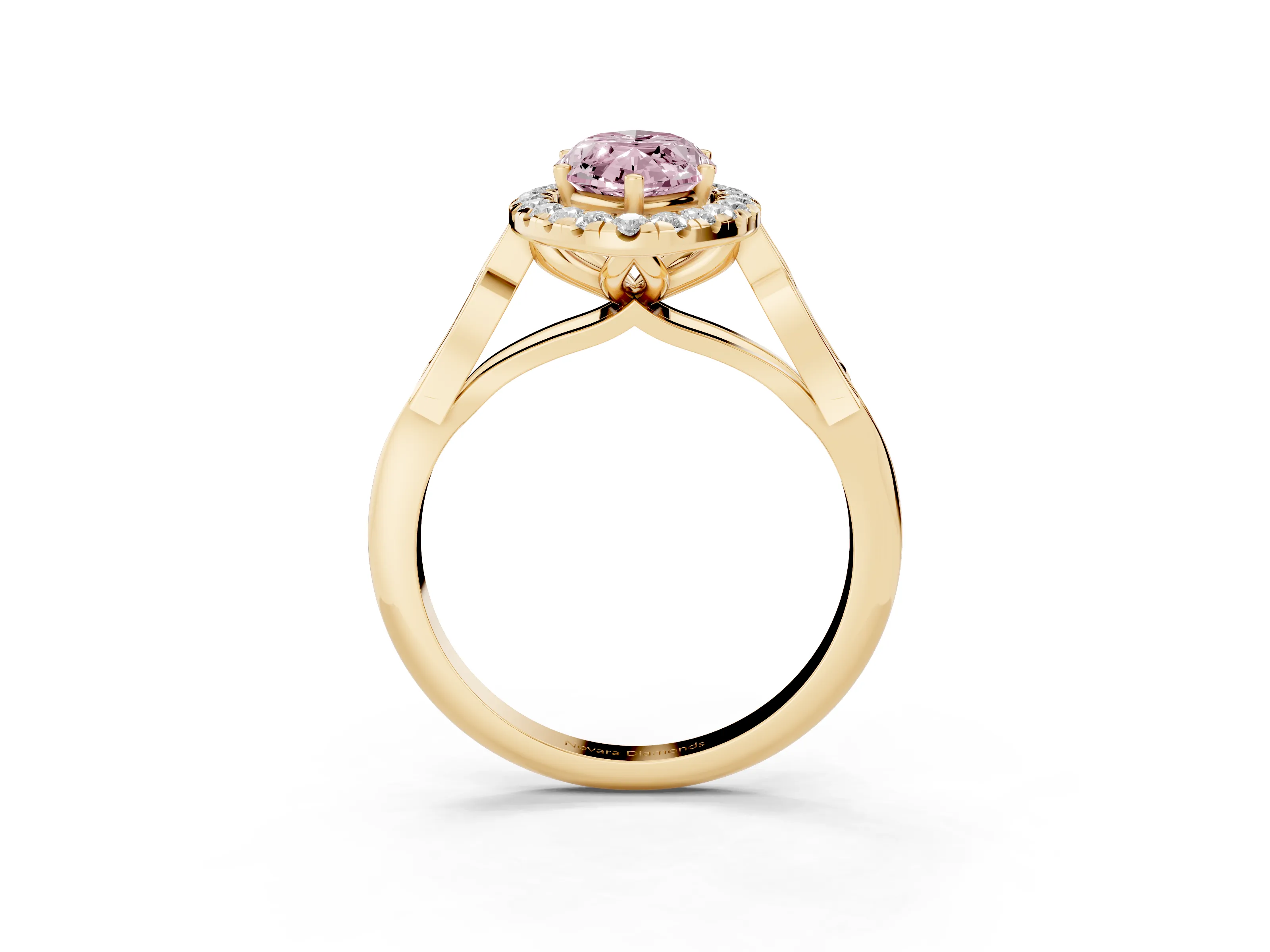 Fancy Pink Marquise Cut Diamond Halo Engagement Ring Set in Yellow gold with Filigree Band and Prong-Set Center