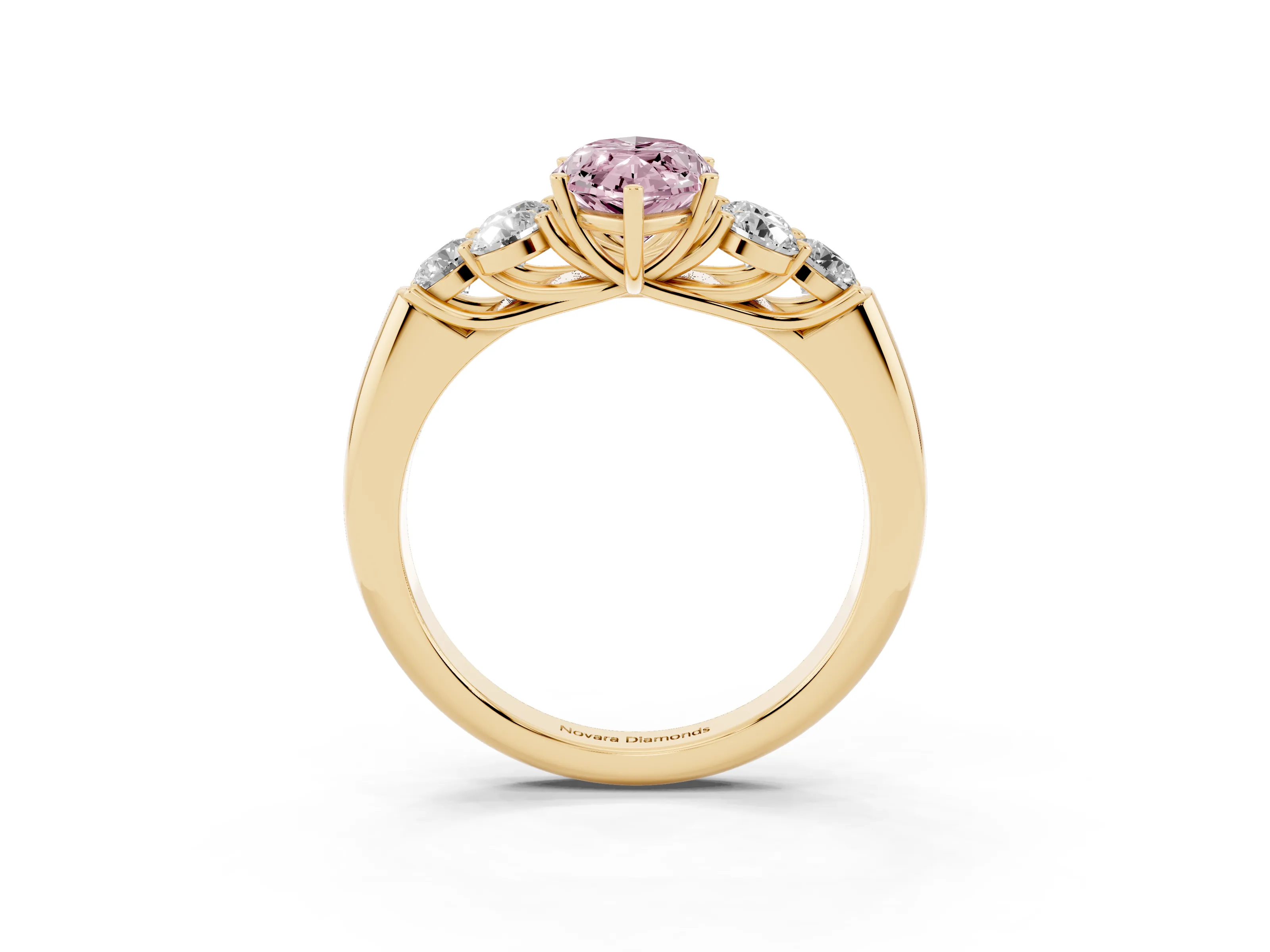 Fancy Pink Marquise Cut Diamond Cluster Ring Set in Yellow gold with Round Accent Stones and Prong Setting on a Plain Band