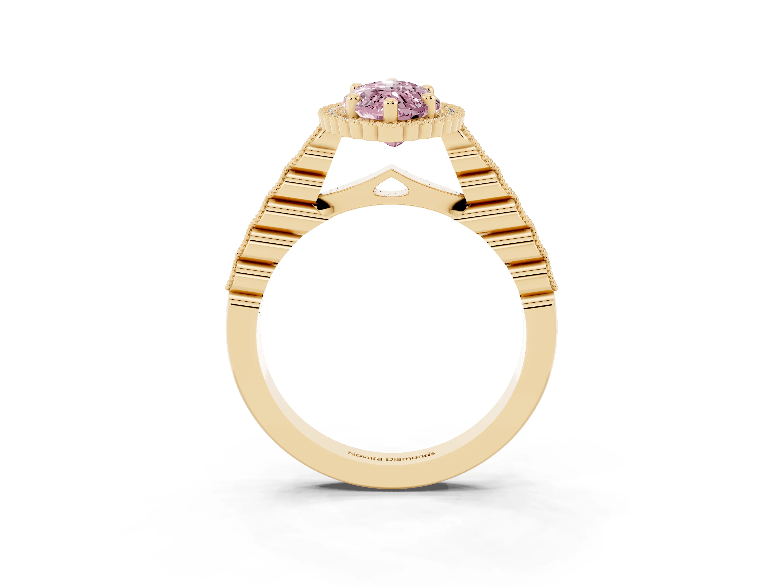 Fancy Pink Marquise Cut Diamond Halo Ring Set in Yellow gold with Pavé Milgrain Band