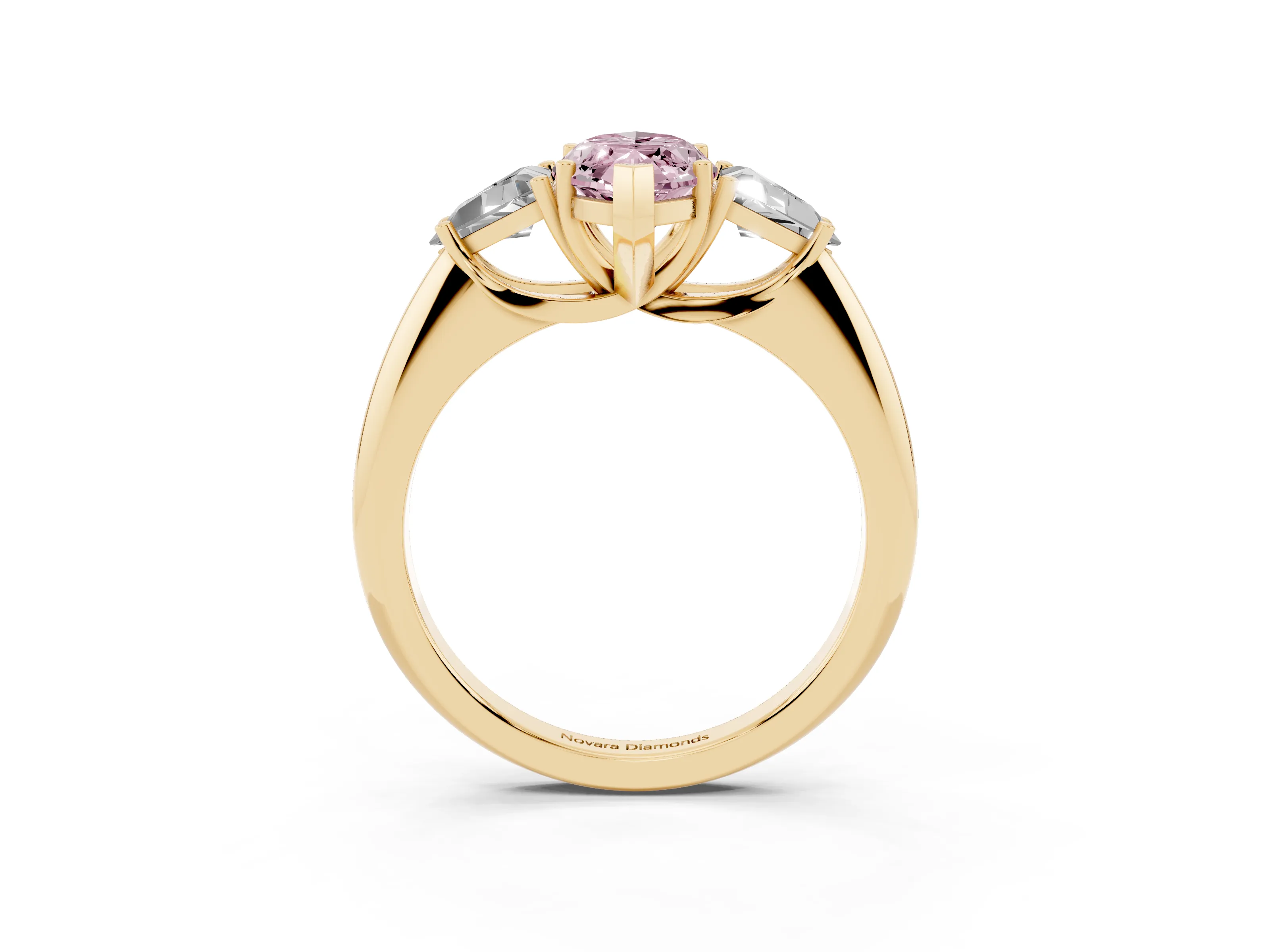 Fancy Pink Marquise Cut Diamond Three-Stone Engagement Ring Set in Yellow gold with Trillion Side Stones