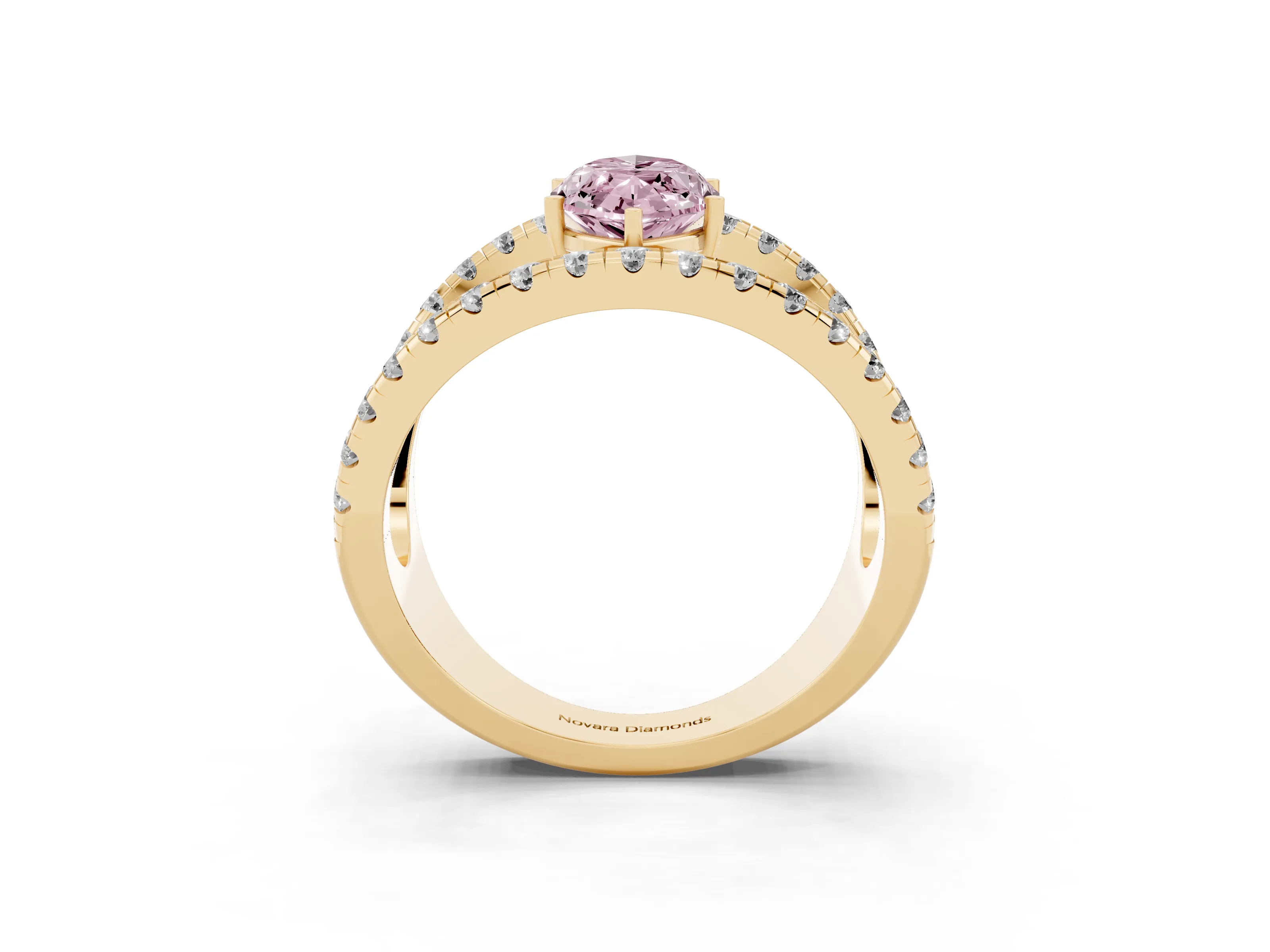 Fancy Pink Marquise Cut Diamond Split Shank Pavé Solitaire Ring Set in Yellow gold with Open Shank Design