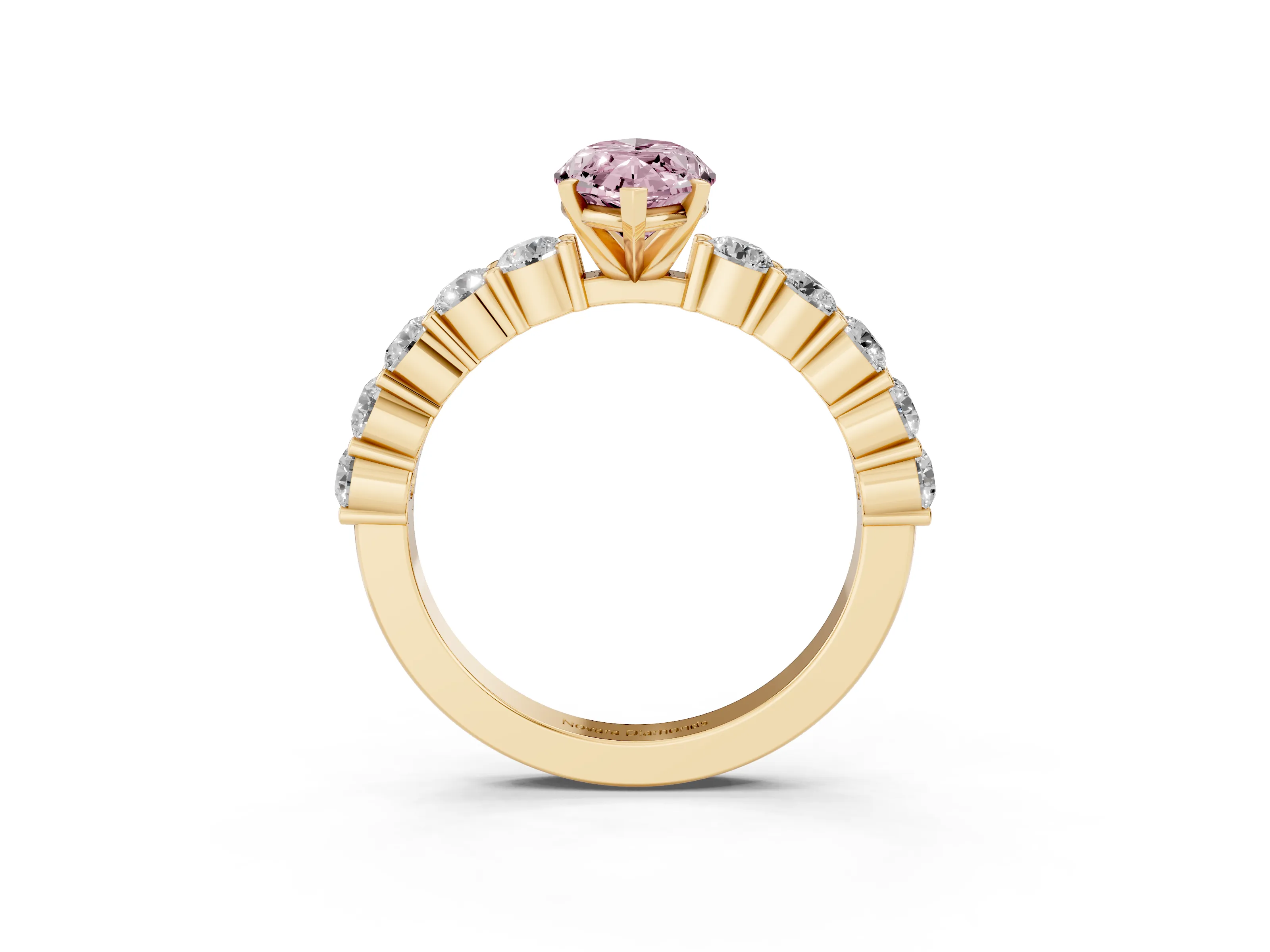 Fancy Pink Marquise Cut Diamond Solitaire Ring Set in Yellow gold with Shared Prong Round Side Stones