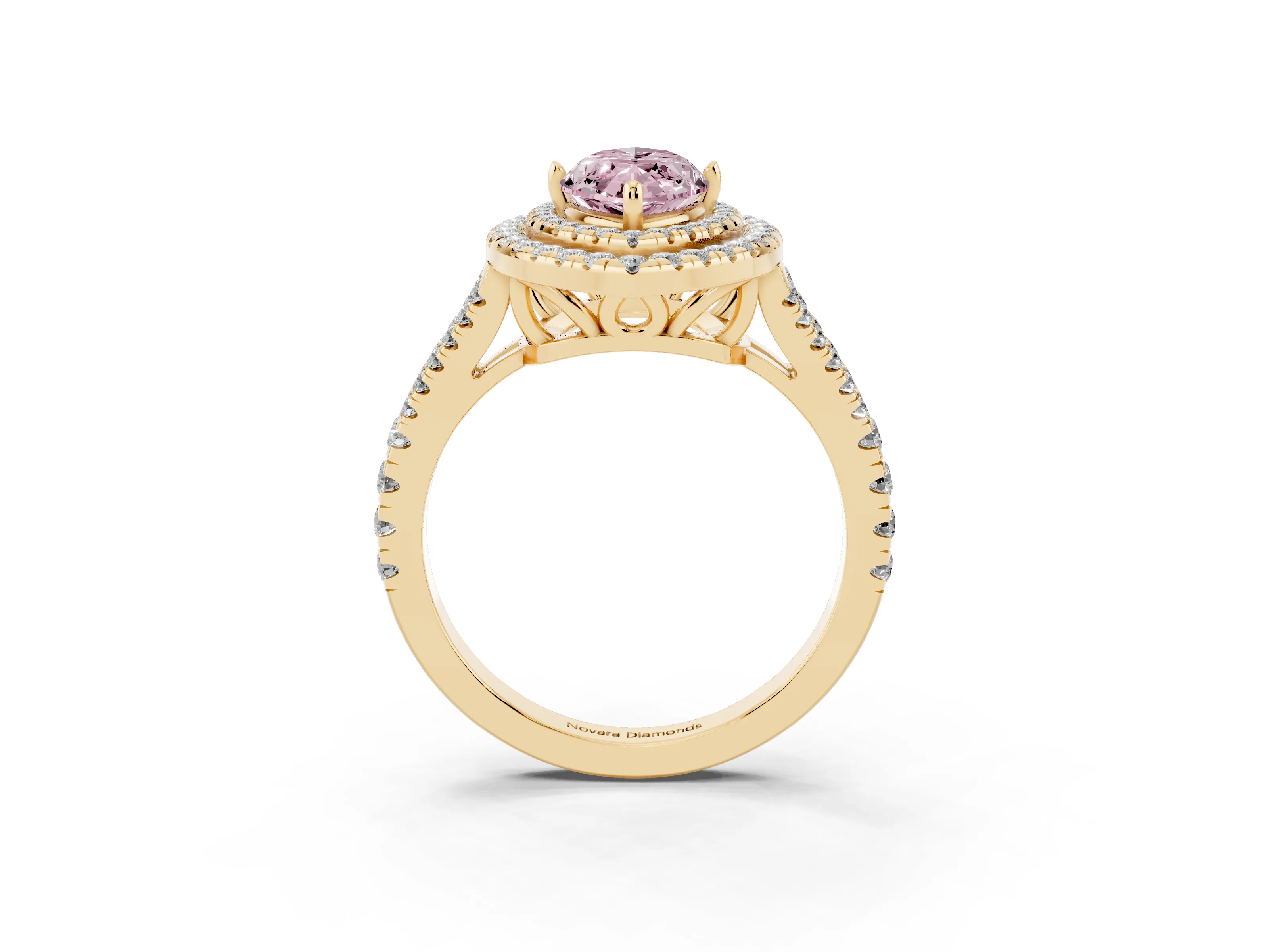 Fancy Pink Marquise Cut Diamond Double Halo Ring Set in Yellow gold with Pavé Band