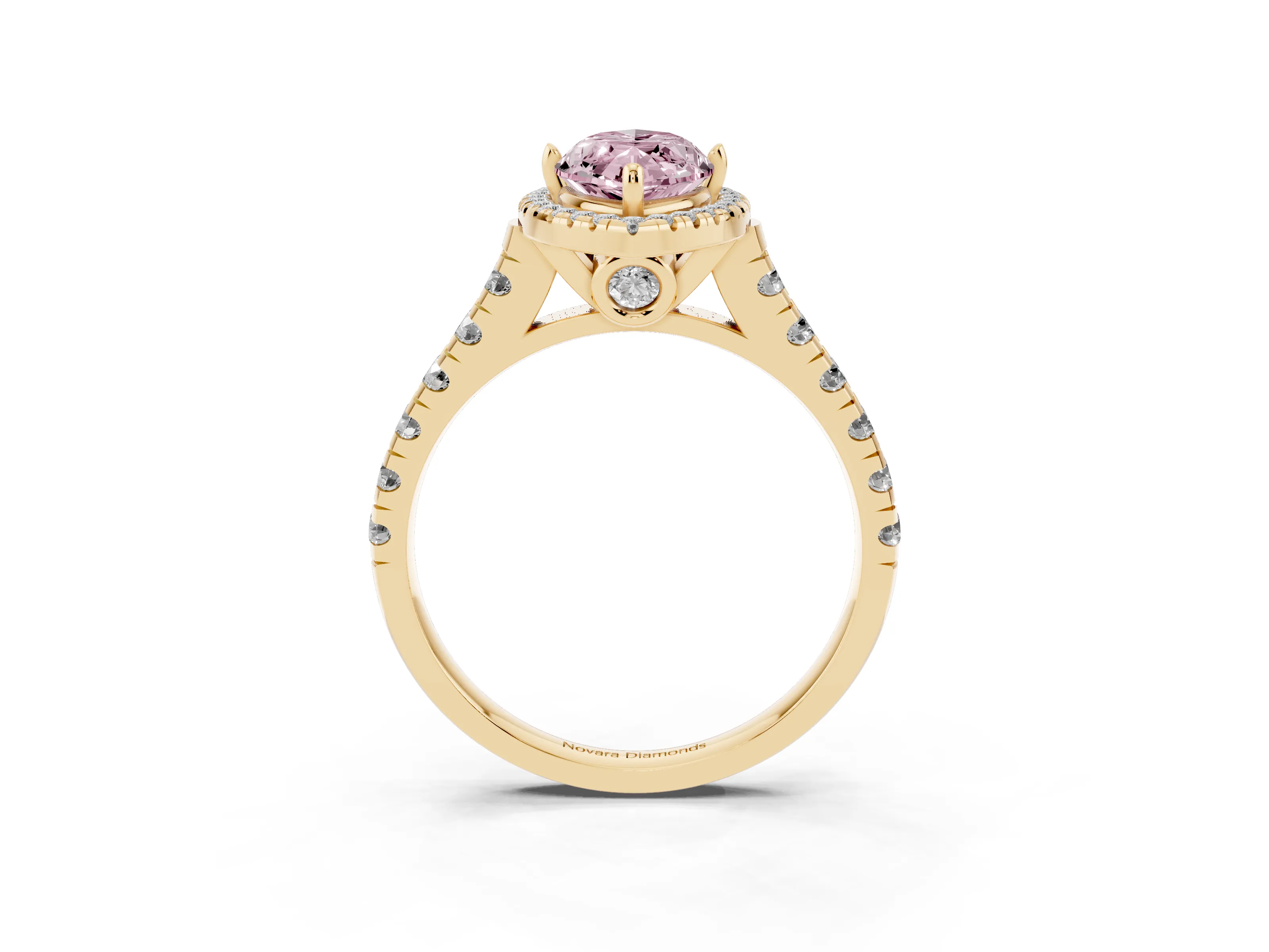 Fancy Pink Marquise Cut Diamond Halo Engagement Ring Set in Yellow gold with Pavé Band and Prong-Set Center