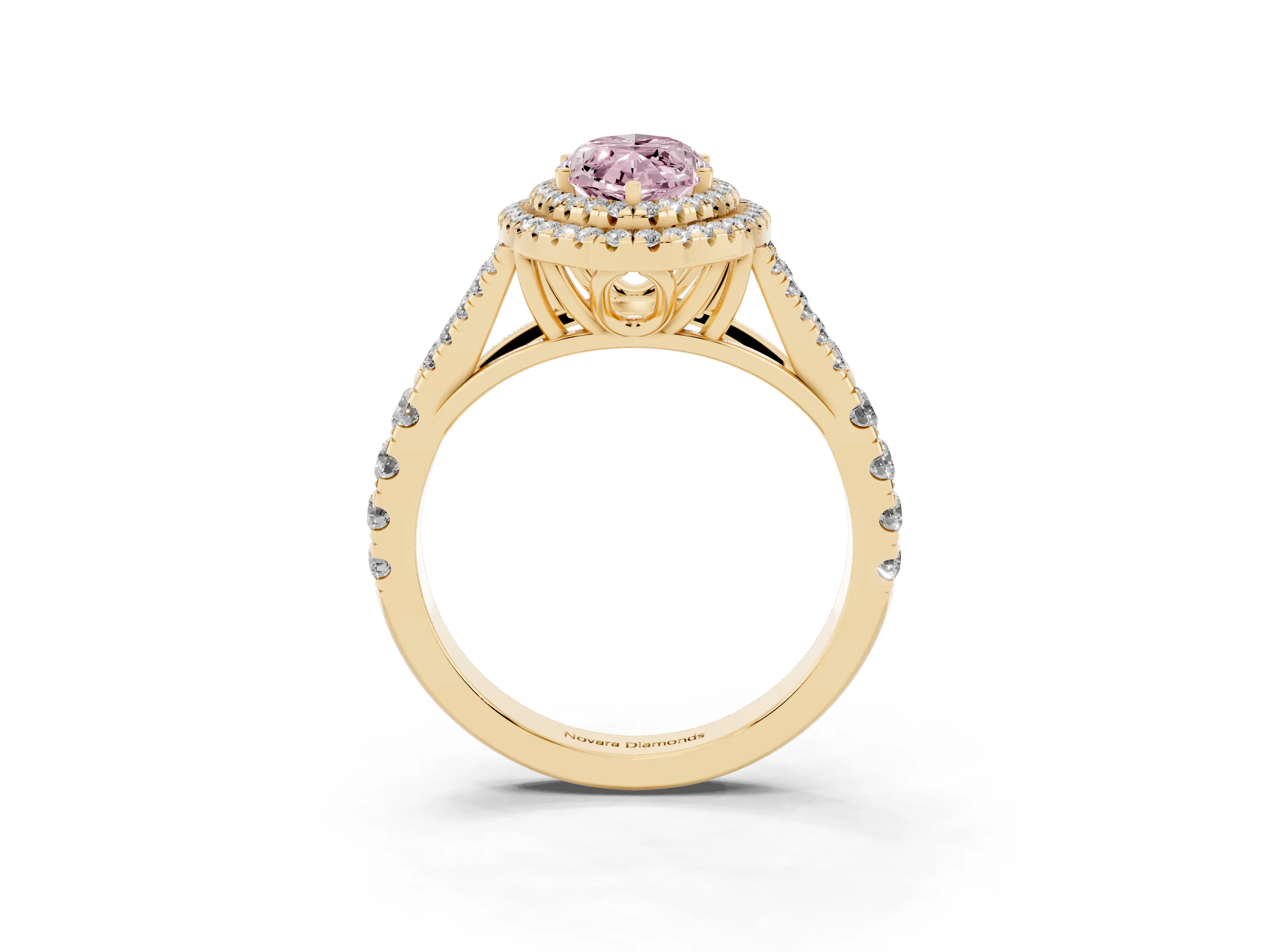 Fancy Pink Marquise Cut Diamond Pavé Split Shank Double Halo Engagement Ring Set in Yellow gold