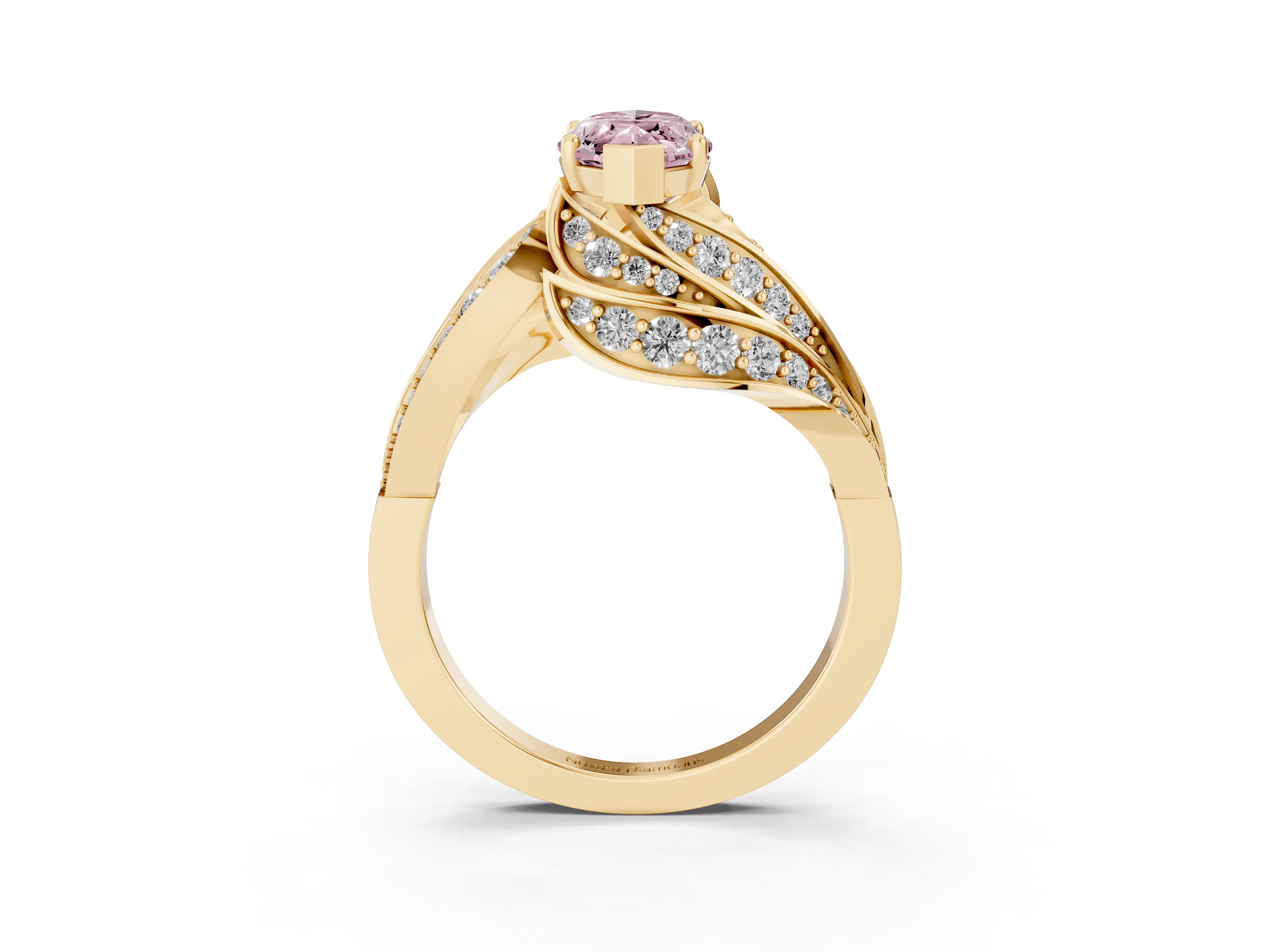 Fancy Pink Marquise Cut Diamond Solitaire Ring Set in Yellow gold with Layered Twist Pavé Band