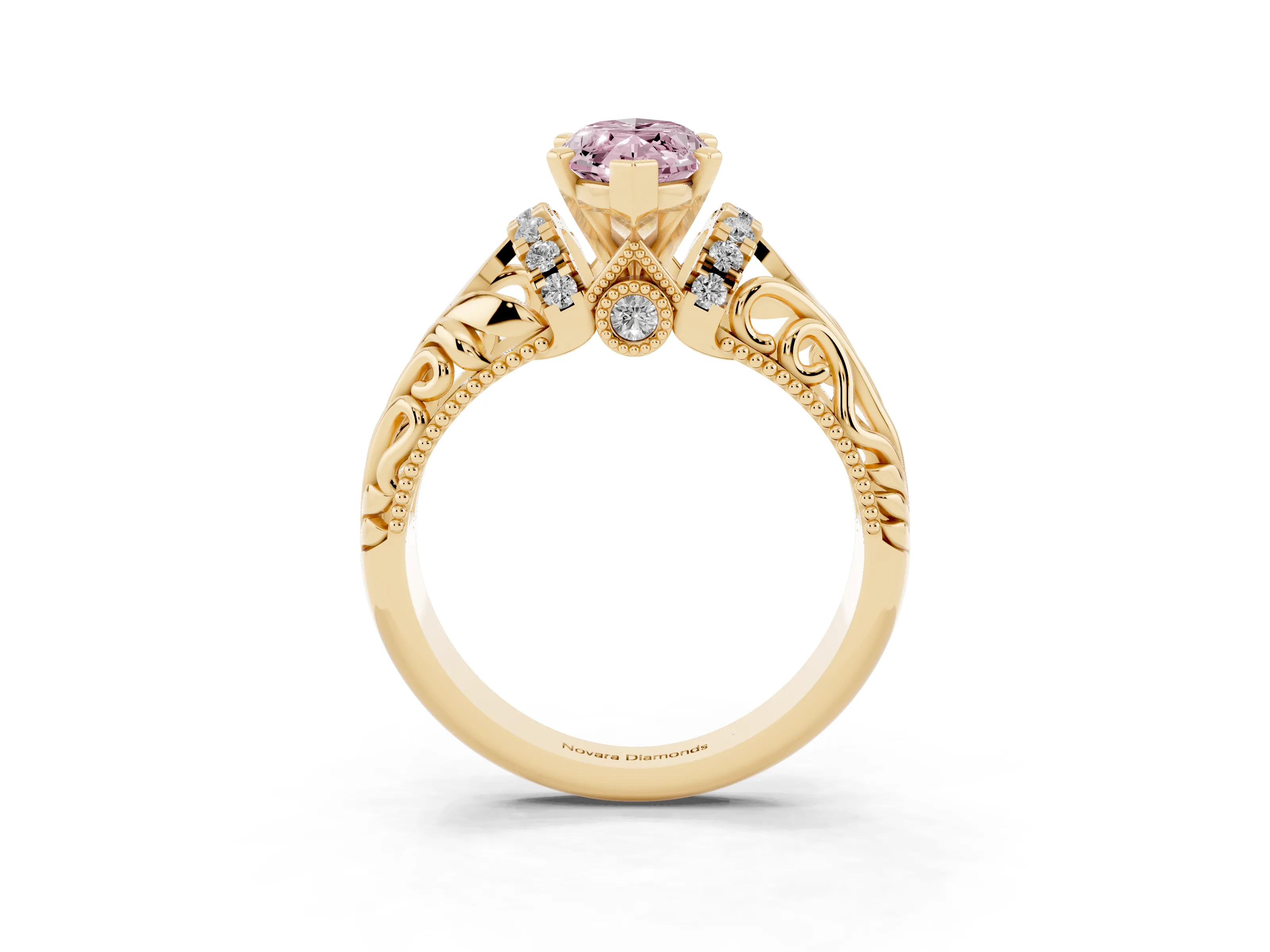 Fancy Pink Marquise Cut Diamond Filigree Halo Engagement Ring Set in Yellow gold with Prong Setting