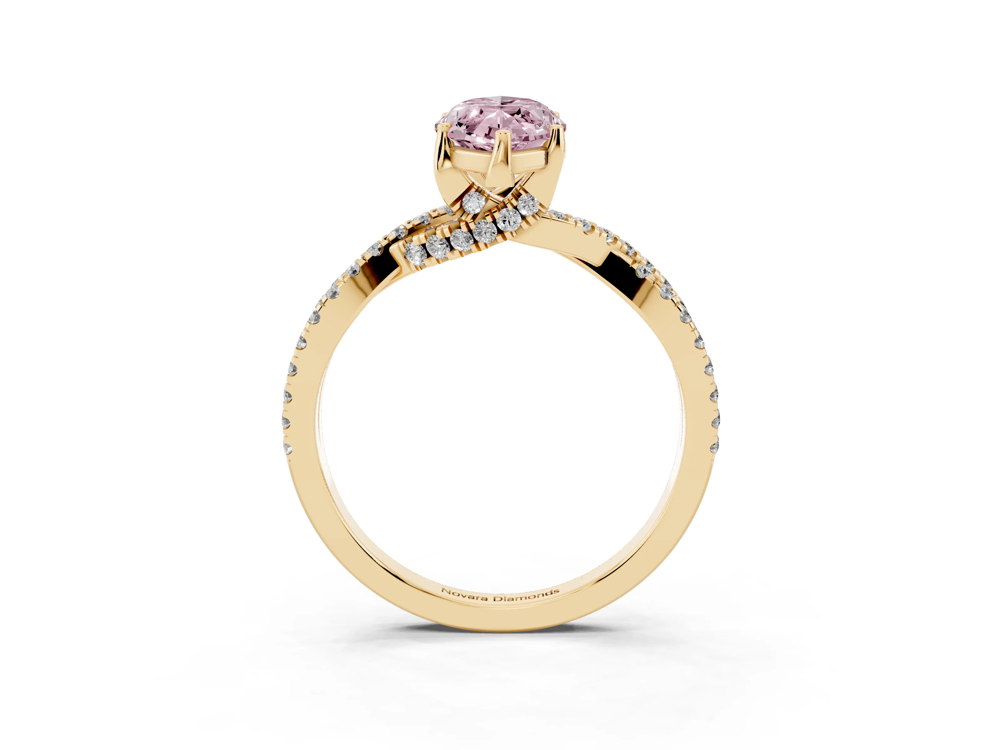 Fancy Pink Marquise Cut Diamond Twist Pavé Solitaire Engagement Ring Set in Yellow gold with Prong Setting