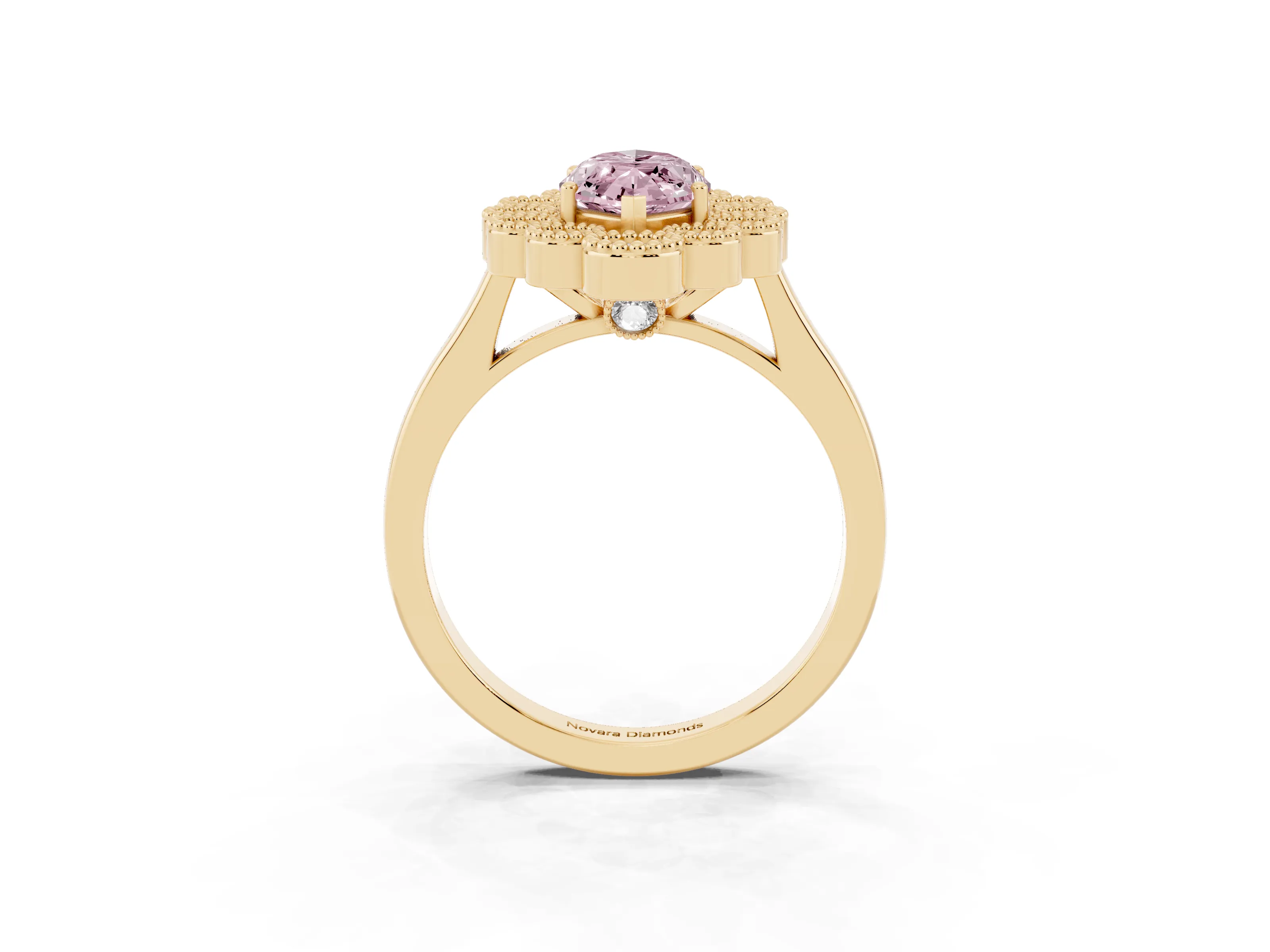 Fancy Pink Marquise Cut Diamond Cluster Halo Ring Set in Yellow gold with Milgrain Bezel Accents and Plain Band