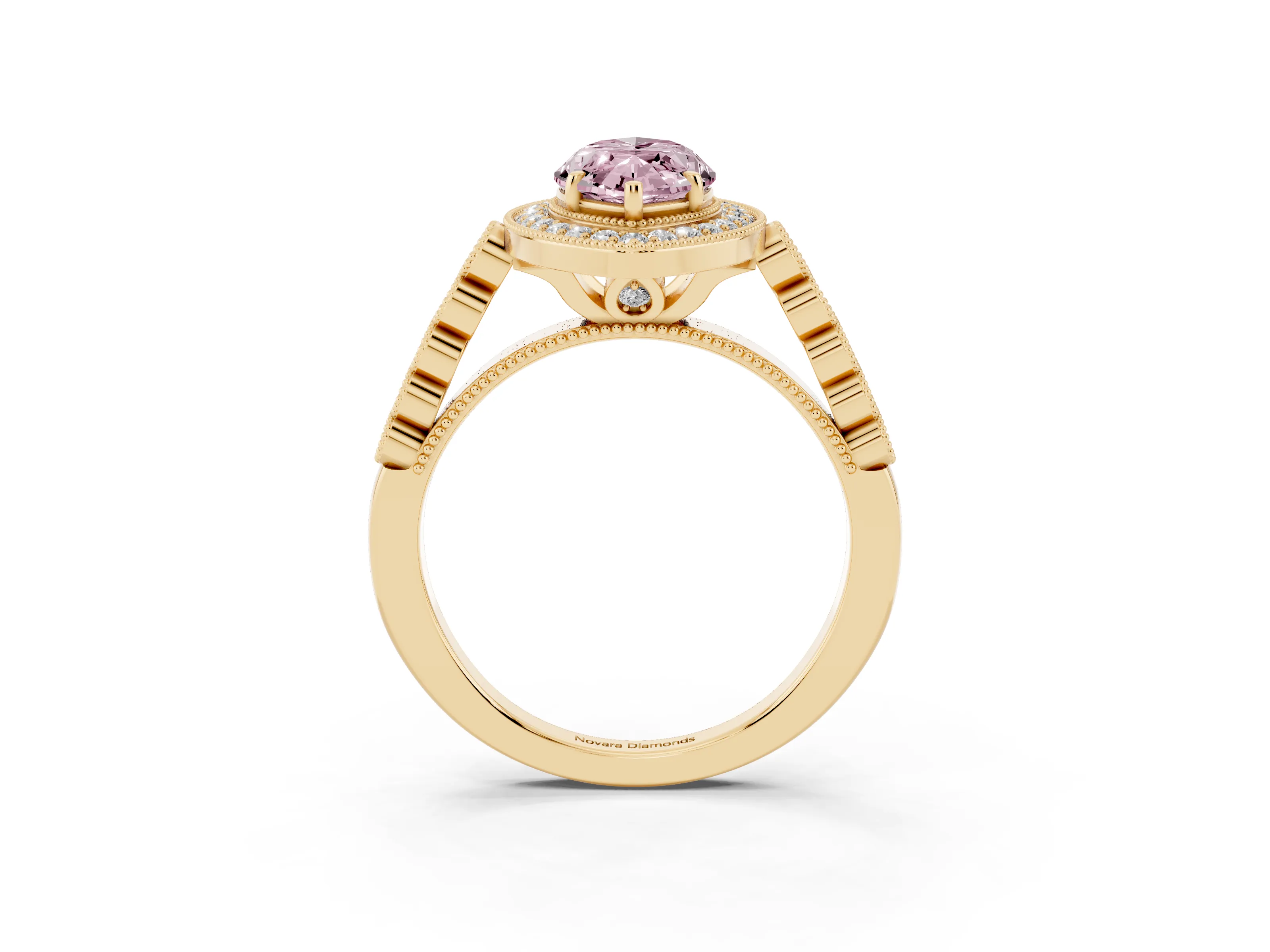 Fancy Pink Marquise Cut Diamond Milgrain Halo Solitaire Ring Set in Yellow gold with Bezel Set Side Stones and Pavé Band
