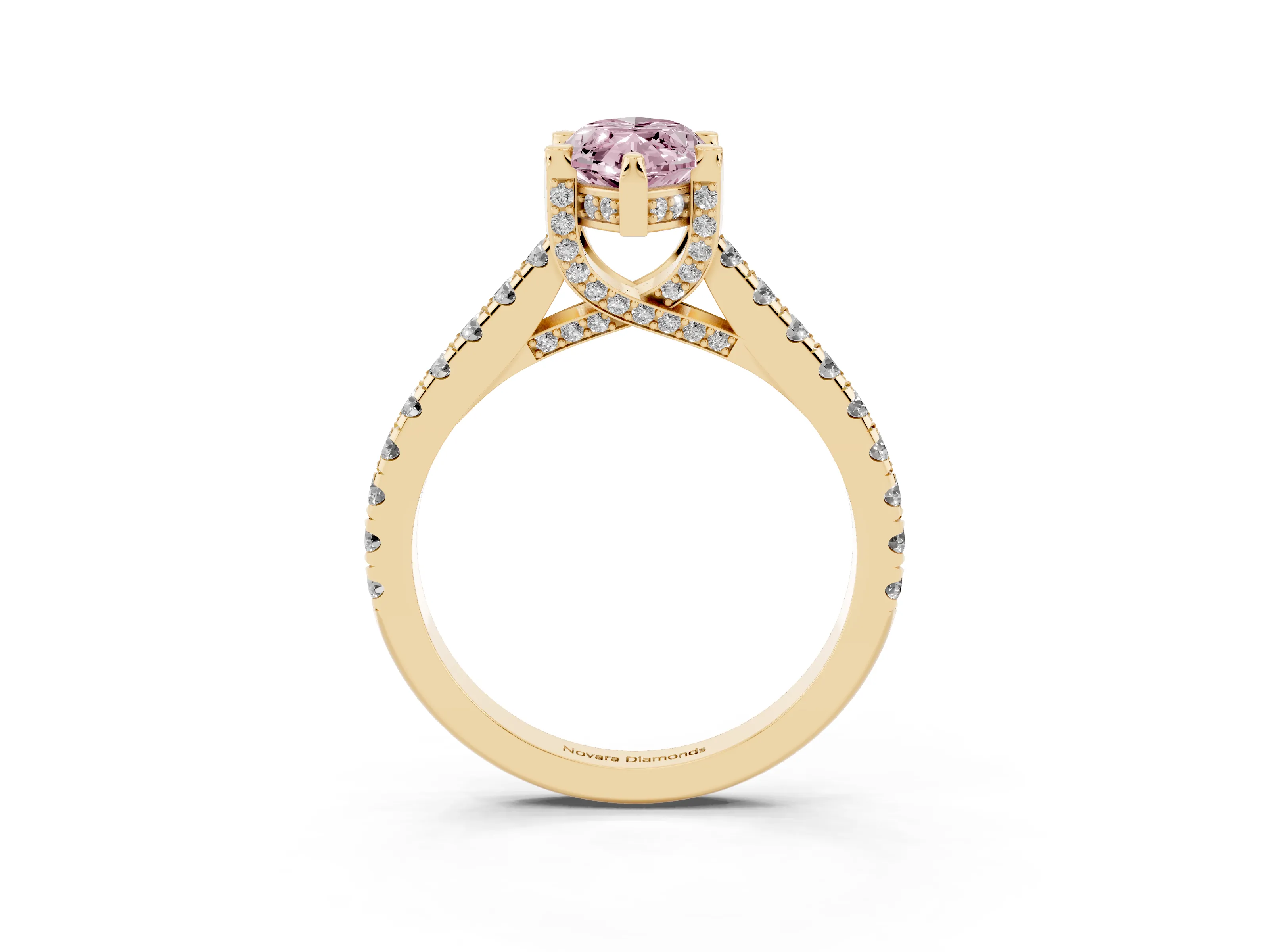 Fancy Pink Marquise Cut Diamond Solitaire Ring Set in Yellow gold with Brilliant Pavé Band and Prong Setting