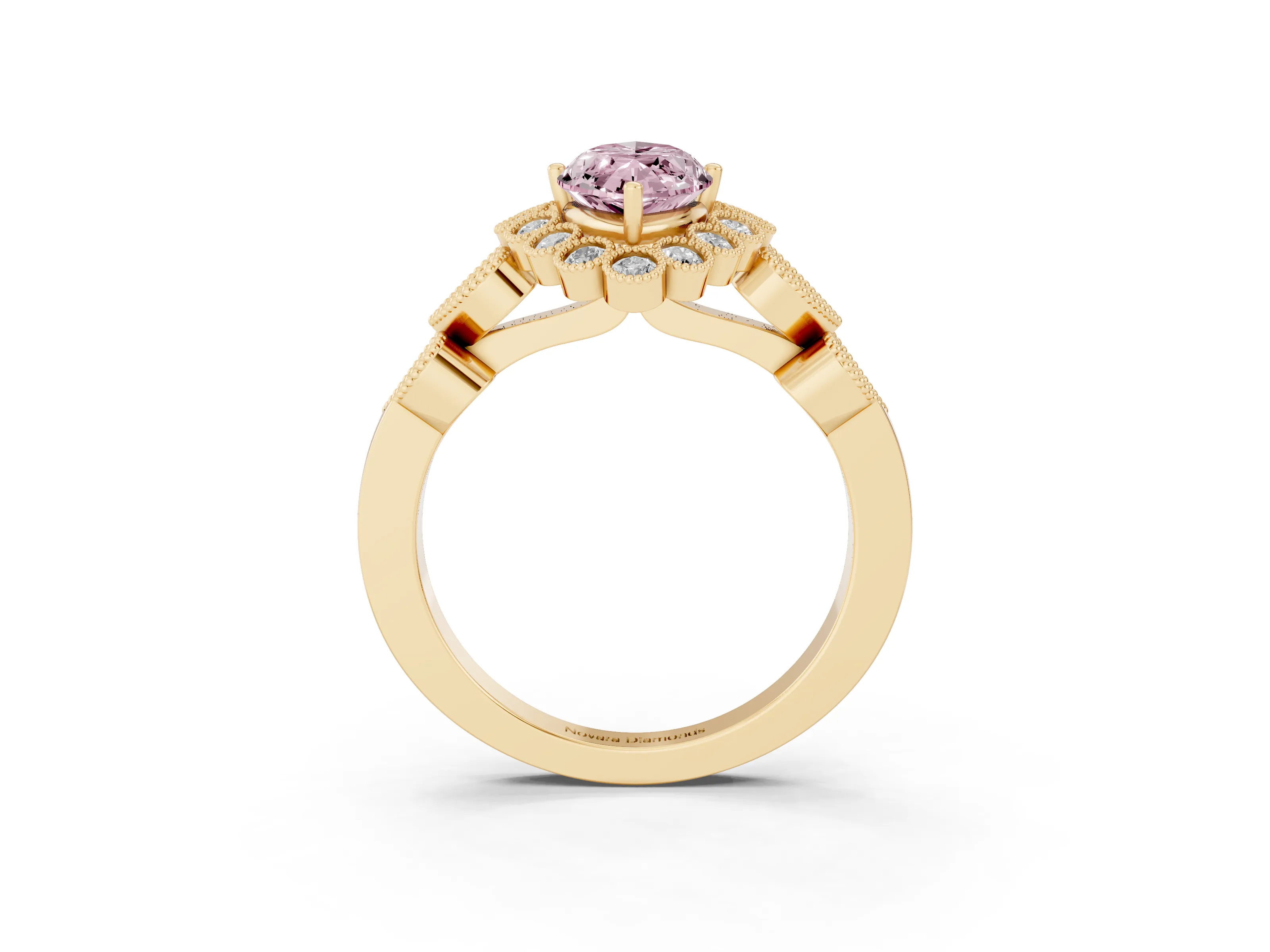 Fancy Pink Marquise Cut Diamond Solitaire Ring Set in Yellow gold with Milgrain Pavé Heart Band