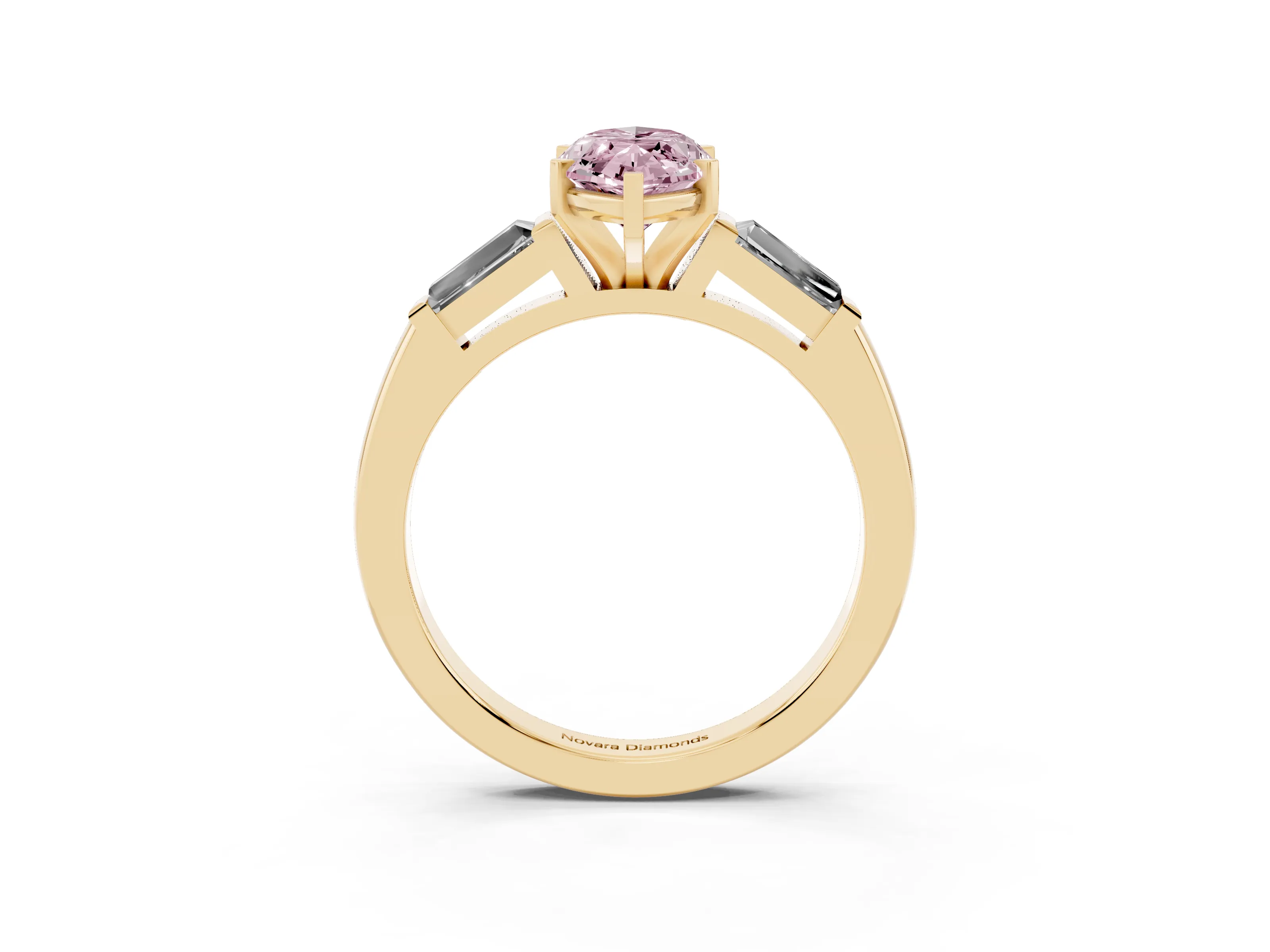 Fancy Pink Marquise Cut Diamond Solitaire Ring Set in Yellow gold with Tapered Baguette Side Stones and Prong Setting
