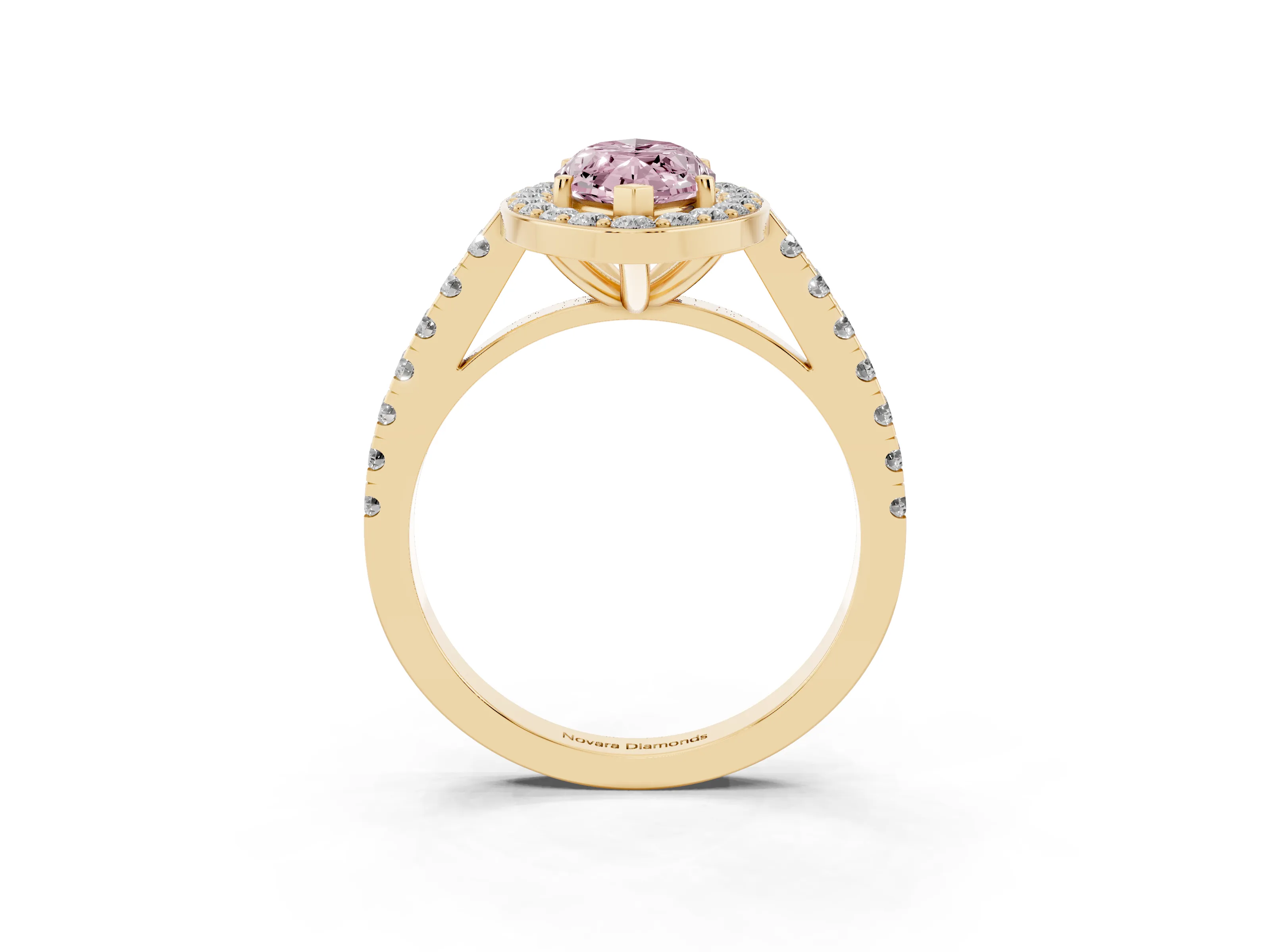 Fancy Pink Marquise Cut Diamond Halo Ring Set in Yellow gold with Round Pavé Split Shank and Prong Setting
