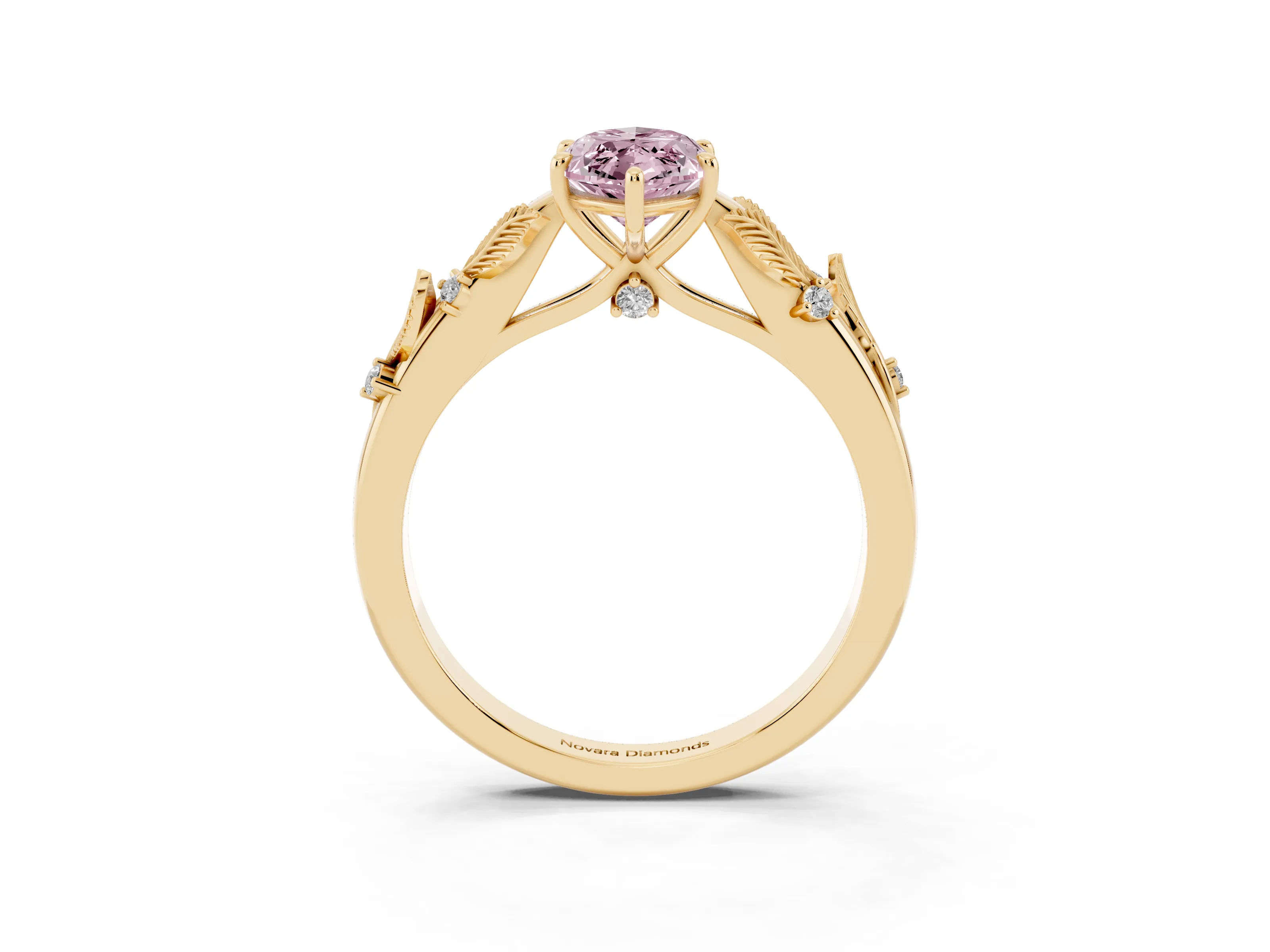 Fancy Pink Marquise Cut Diamond Solitaire Ring Set in Yellow gold with Leaf Motif Band