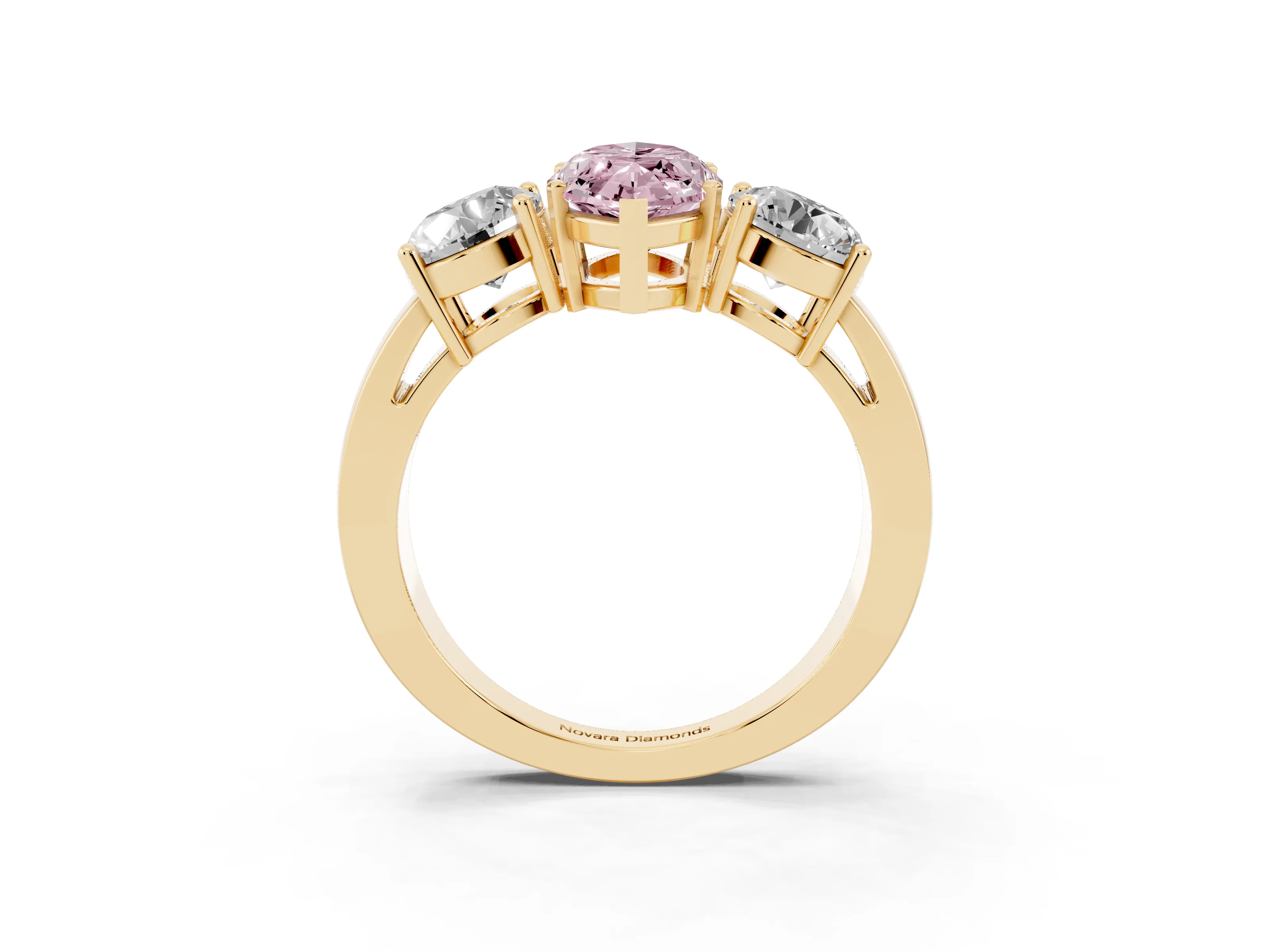 Fancy Pink Marquise Cut Diamond Three-Stone Ring Set in Yellow gold with Round Side Stones and Classic Band